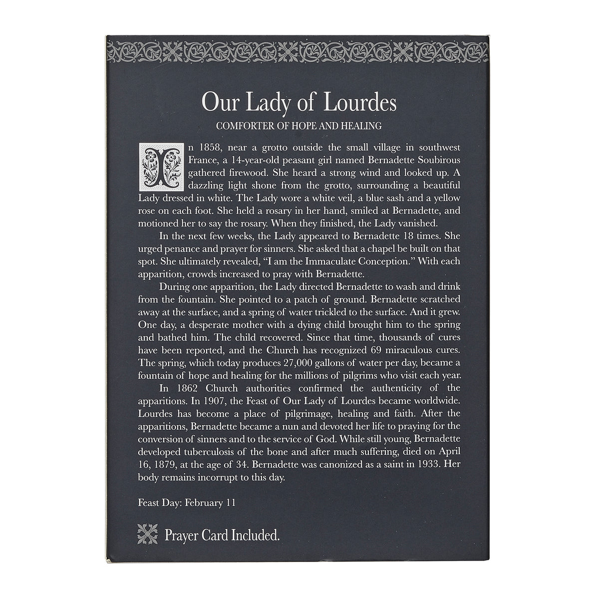 Back of Our Lady of Lourdes Patrons & Protectors packaging with devotional and product information