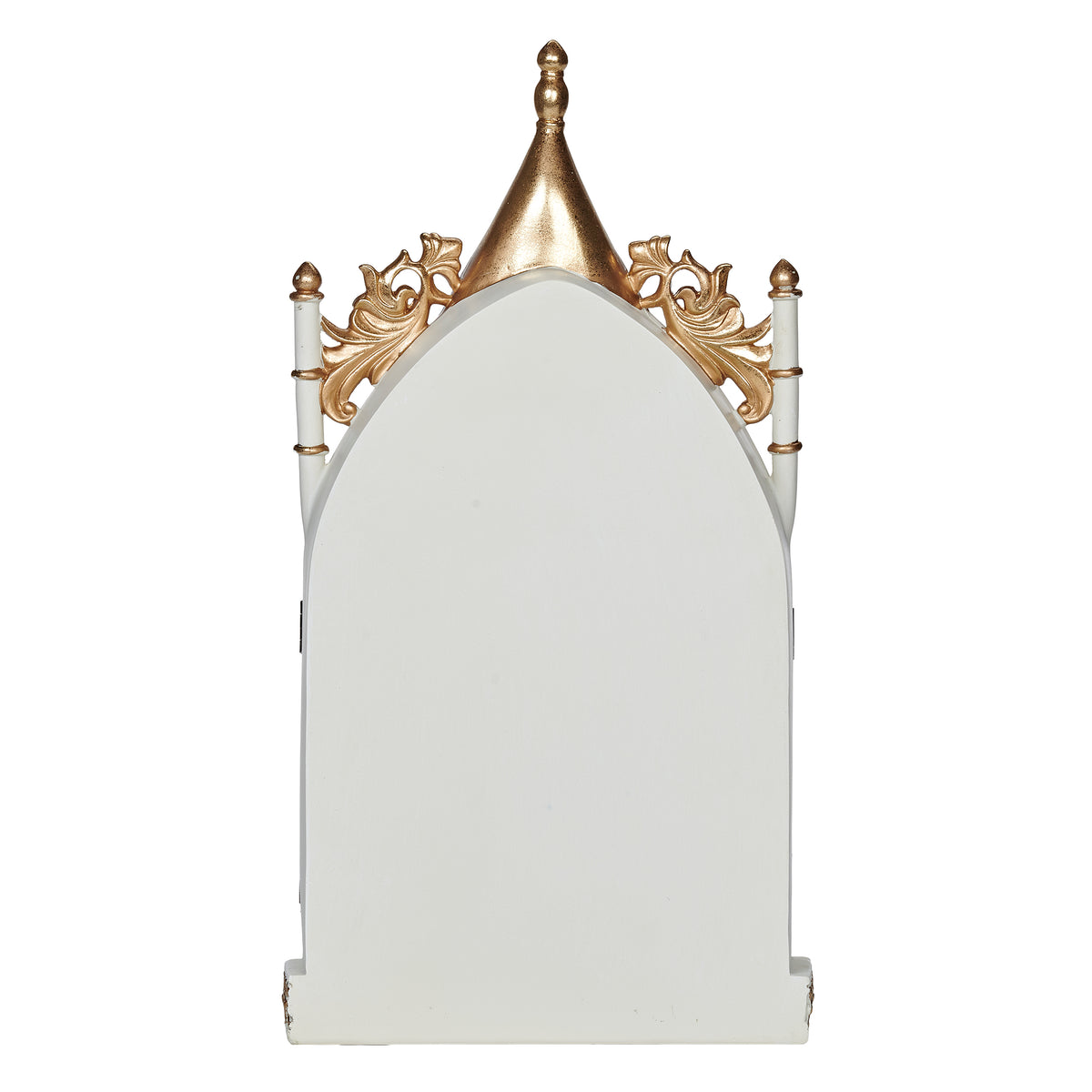 Back view of Crucifix Triptych Scene showing the plain ivory backing and ornate gold-trimmed arch