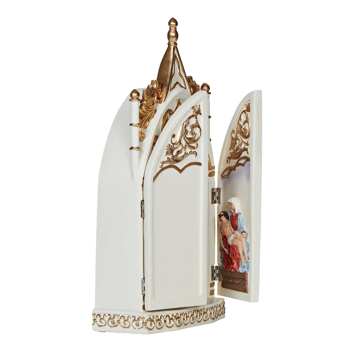Opposite angled view of Crucifix Triptych Scene showing the hinged side panel and sculpted religious artwork