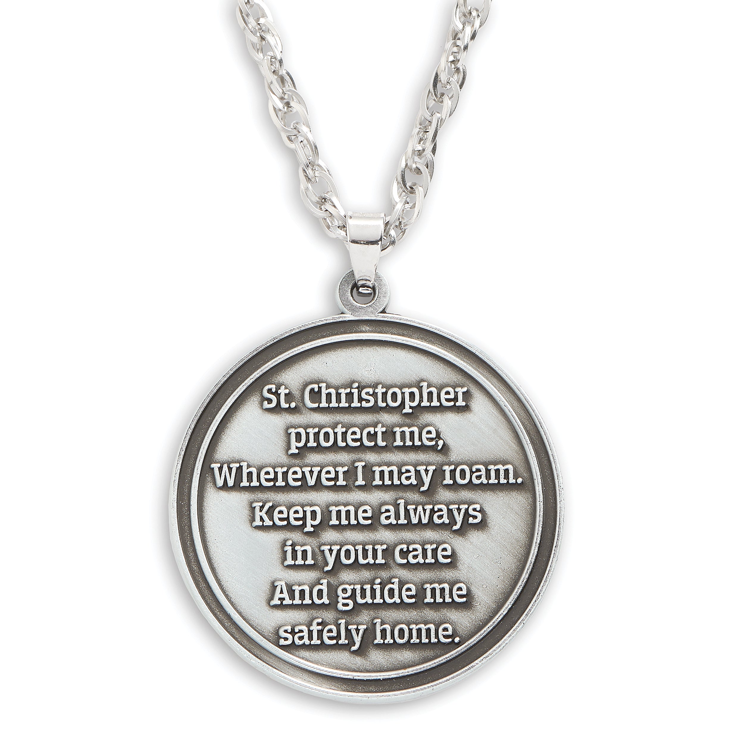 Silver chain with a round pendant featuring engraved text on a white background