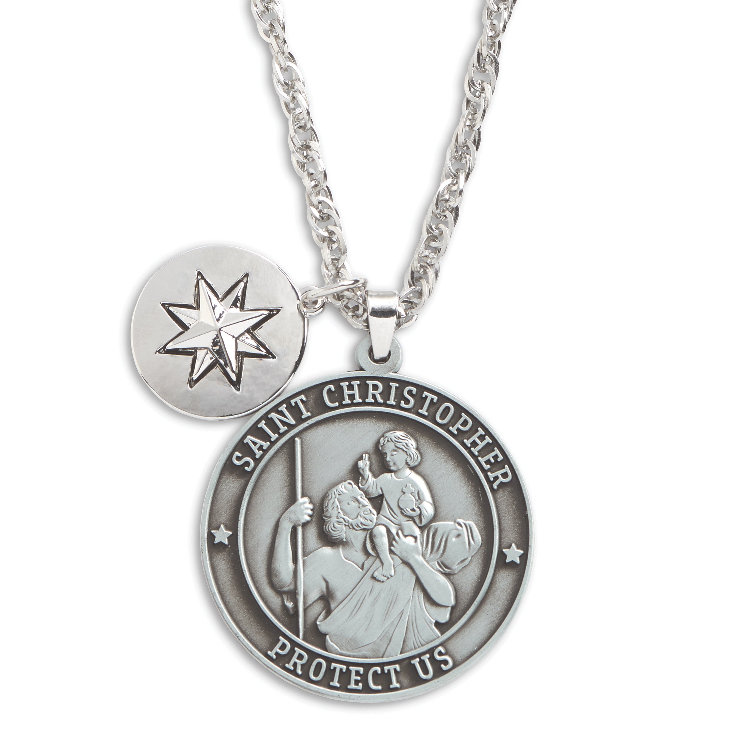 Silver Saint Christopher chain with chain on a white background