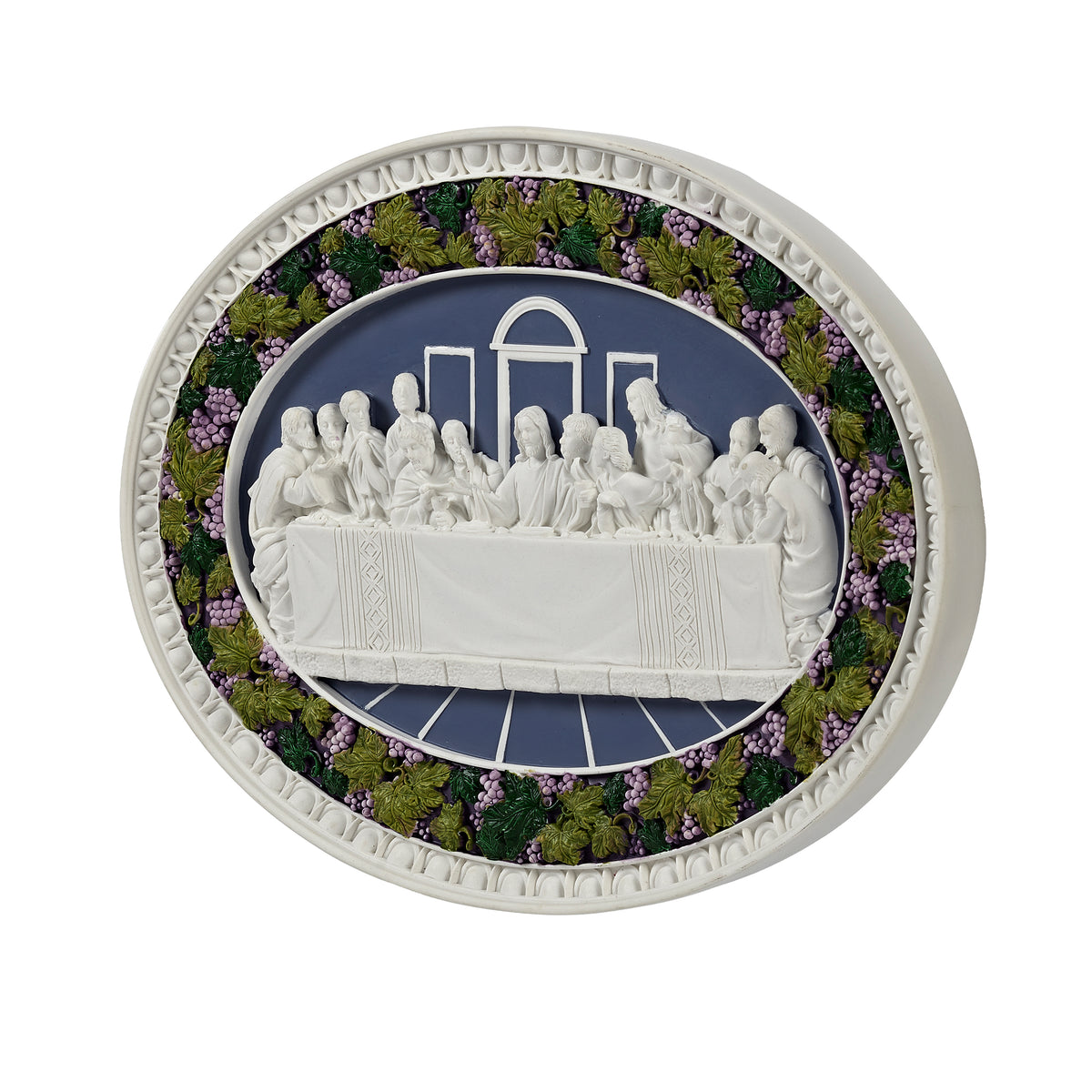 Front angled view of Last Supper Wall Plaque showing the raised Last Supper scene, blue background, and colorful floral border