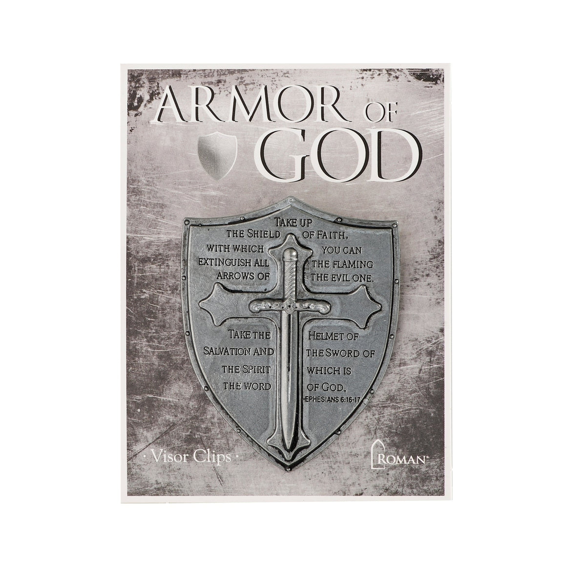 Armor of God shield and sword visor clip mounted on a display card labeled “Armor of God.”