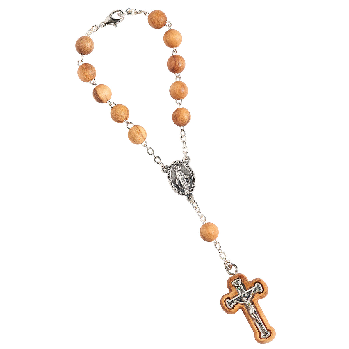 Wooden rosary with silver clasp and cross on a white background