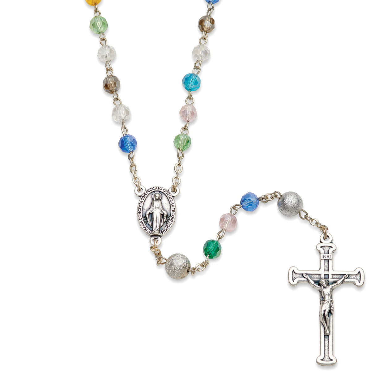 Multicolored rosary with a cross on a white background