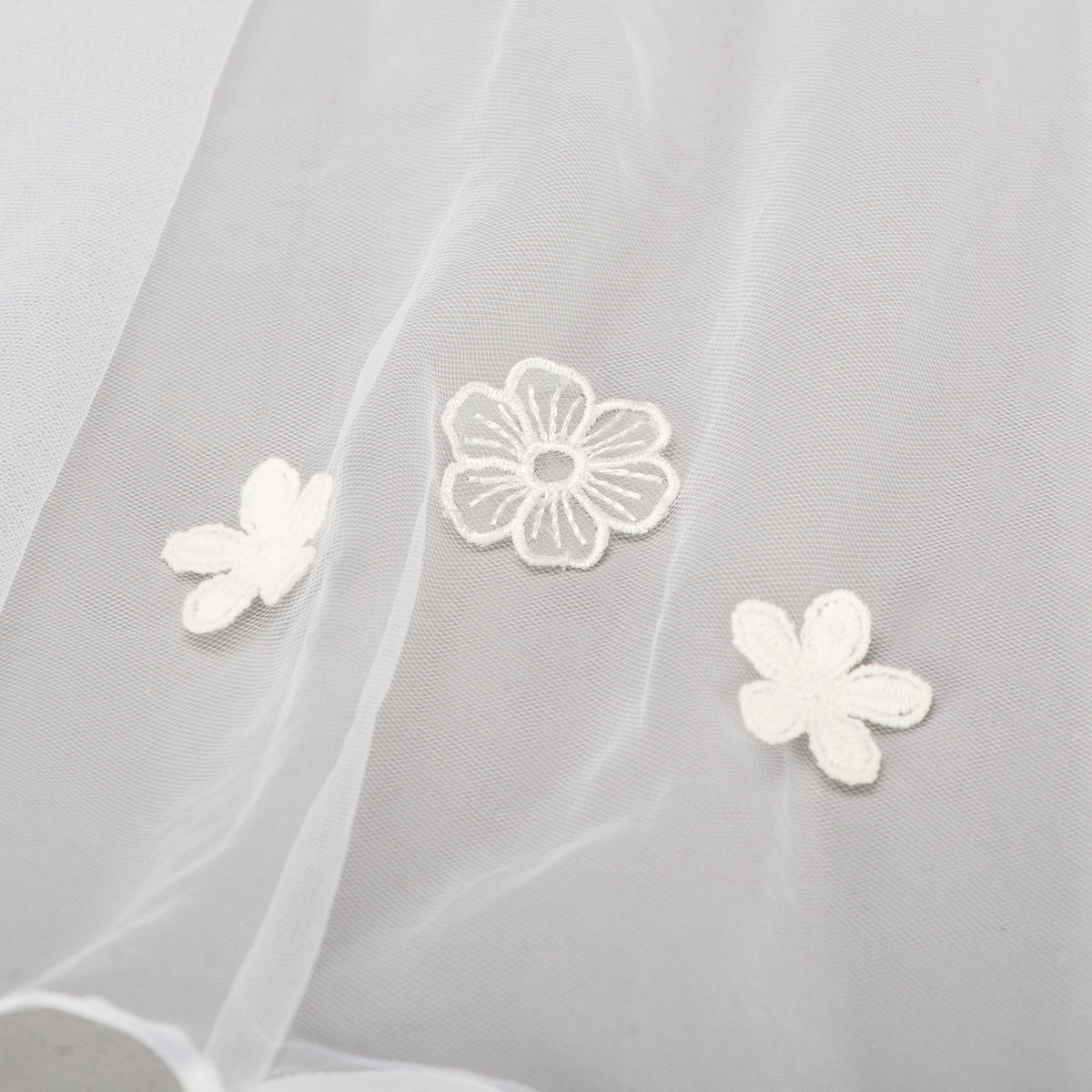 Close-up of Charlotte First Communion veil showing small white floral appliques and embroidered flower details on the sheer tulle