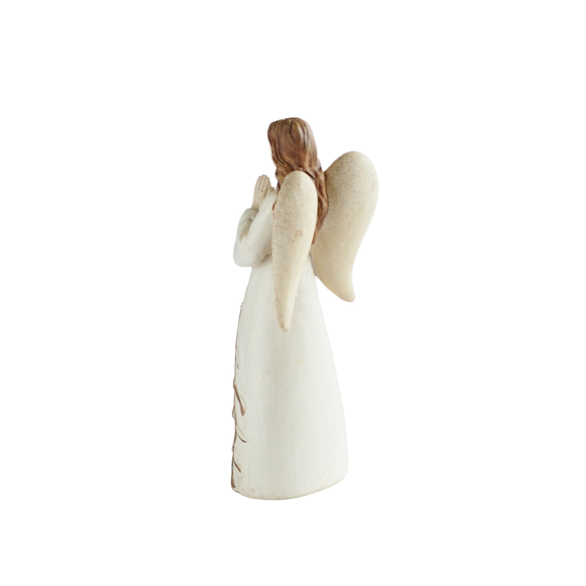 Angled rear view of Faith angel showing brown hair, the backs of her wings, and a plain cream gown.