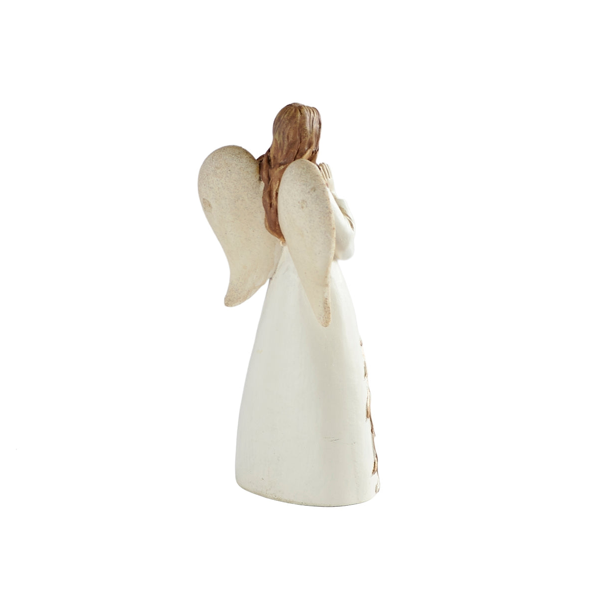 Opposite rear view of Faith angel showing her curved wings and flowing gown.