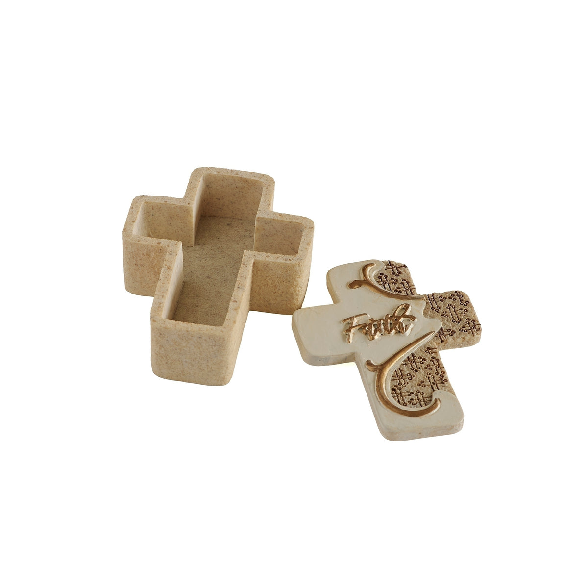 Open Faith cross keepsake box with its empty interior visible and decorated lid placed beside it.