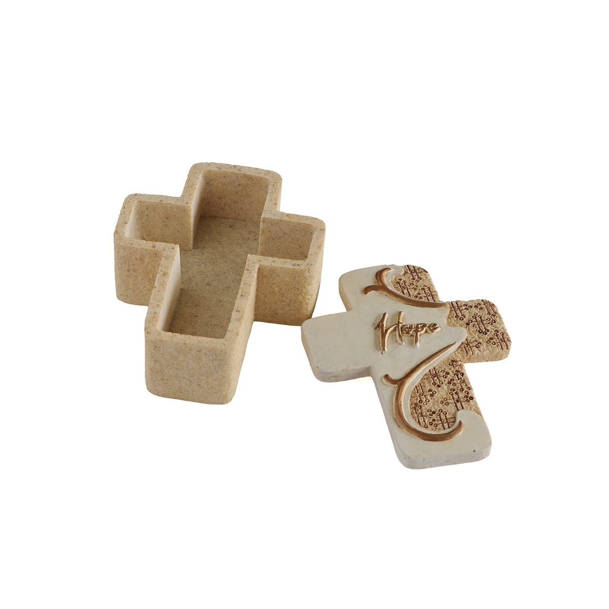 Open Hope cross keepsake box with its empty interior visible and decorated lid placed beside it.