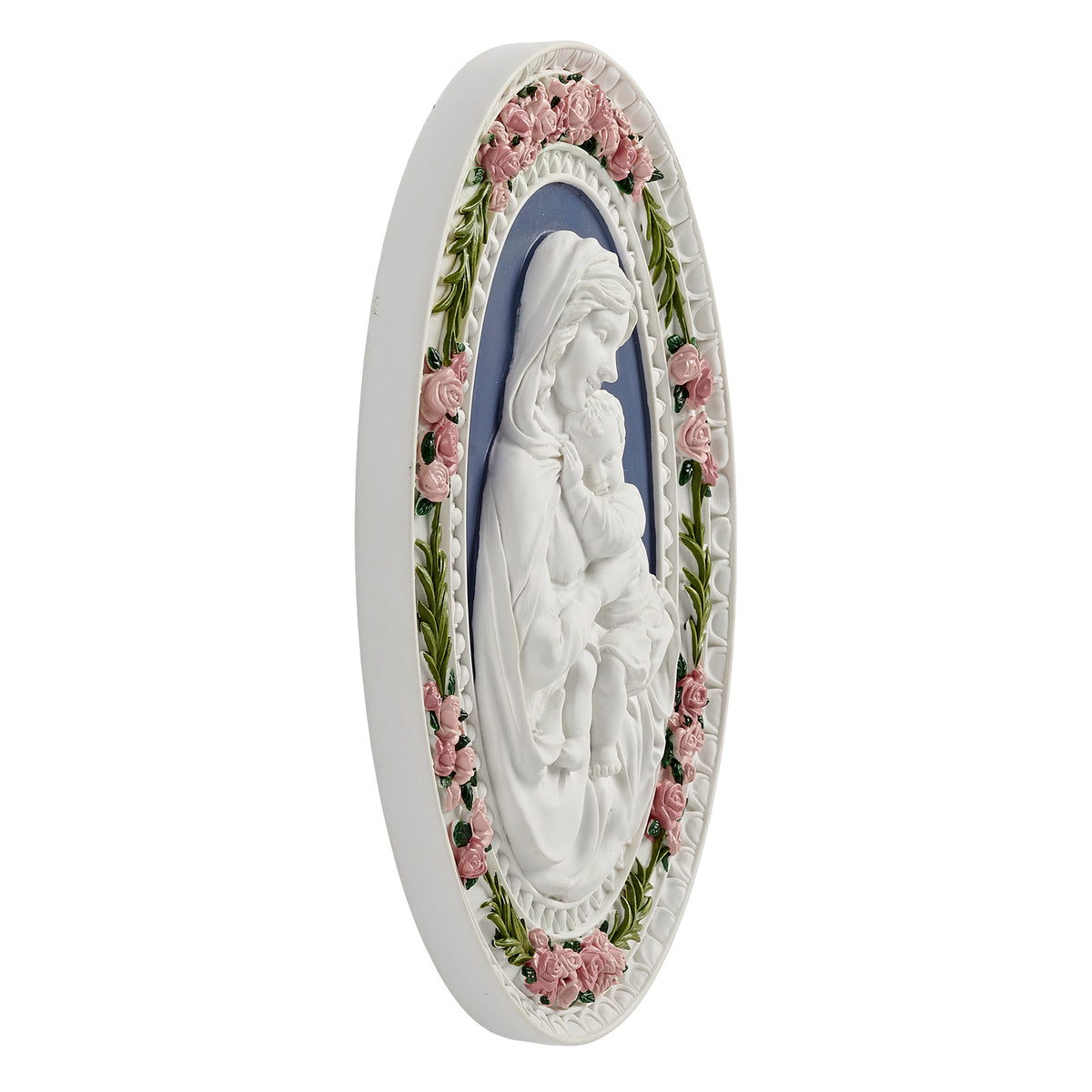 Side view of Madonna & Child Plaque showing the oval profile, raised sculpted relief, and floral border
