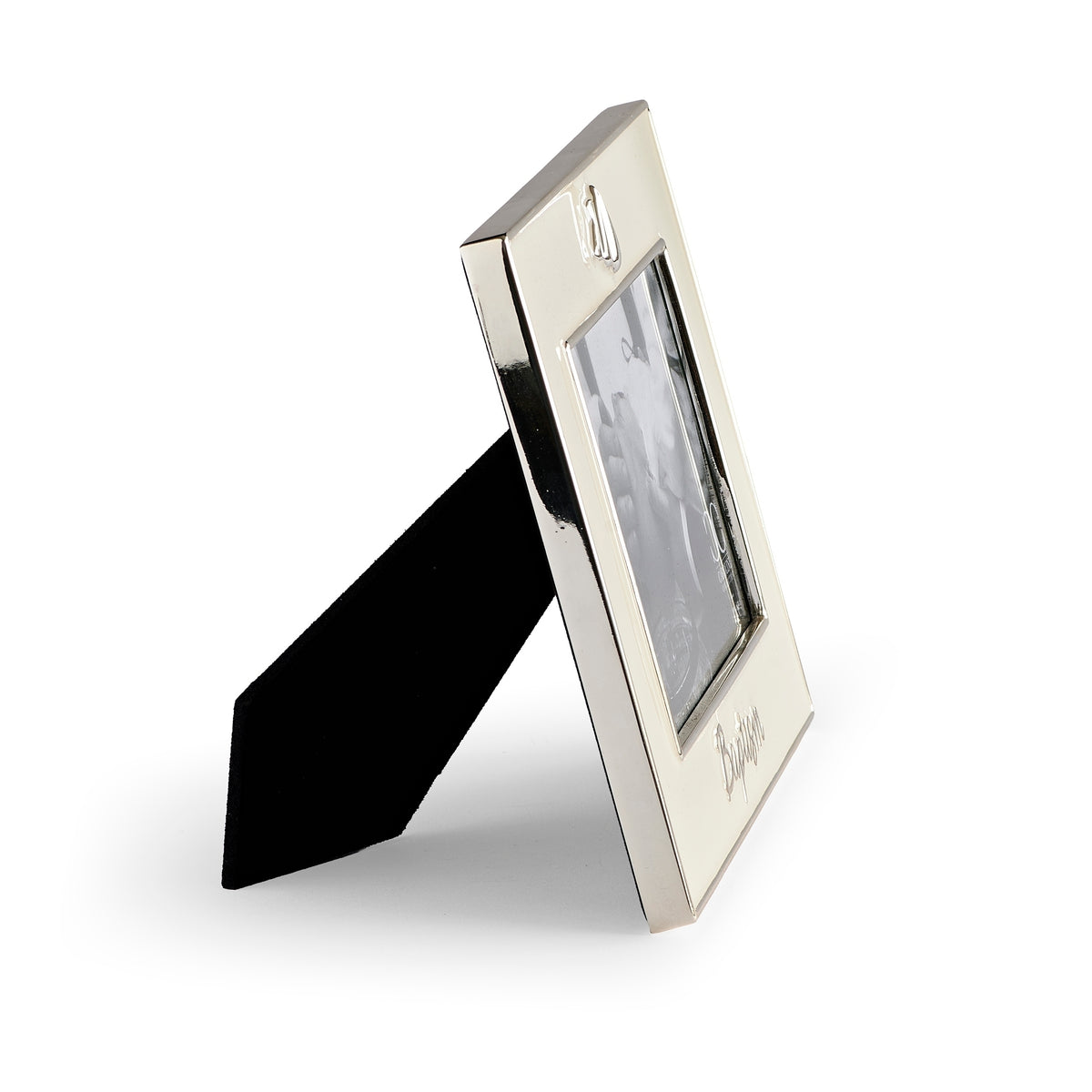 Opposite side view of Caroline Collection Baptism Shell Keepsake Picture Frame showing the frame depth and easel stand