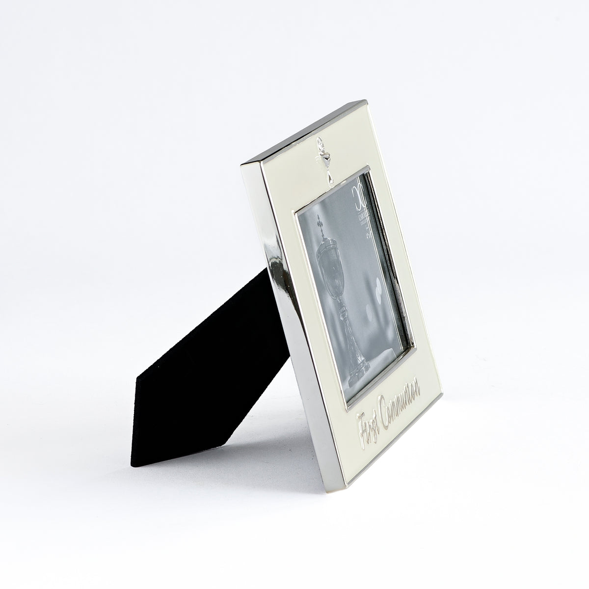 Opposite side view of Caroline Collection First Communion Chalice Picture Frame showing the frame depth and easel stand