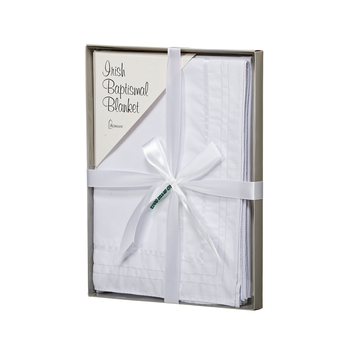 Irish Baptism Blanket presented in a gift box with coordinating white ribbon and embroidered cross and shamrock detail visible
