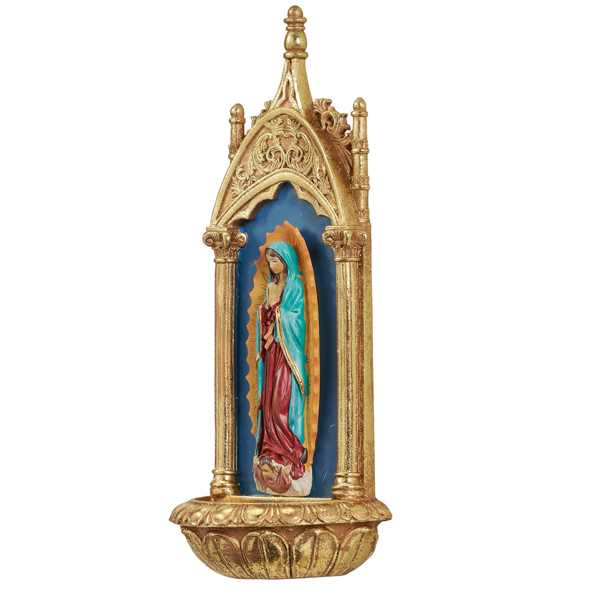 Front angled view of Our Lady of Guadalupe Water Font showing the colorful Marian image, decorative gold frame, and basin