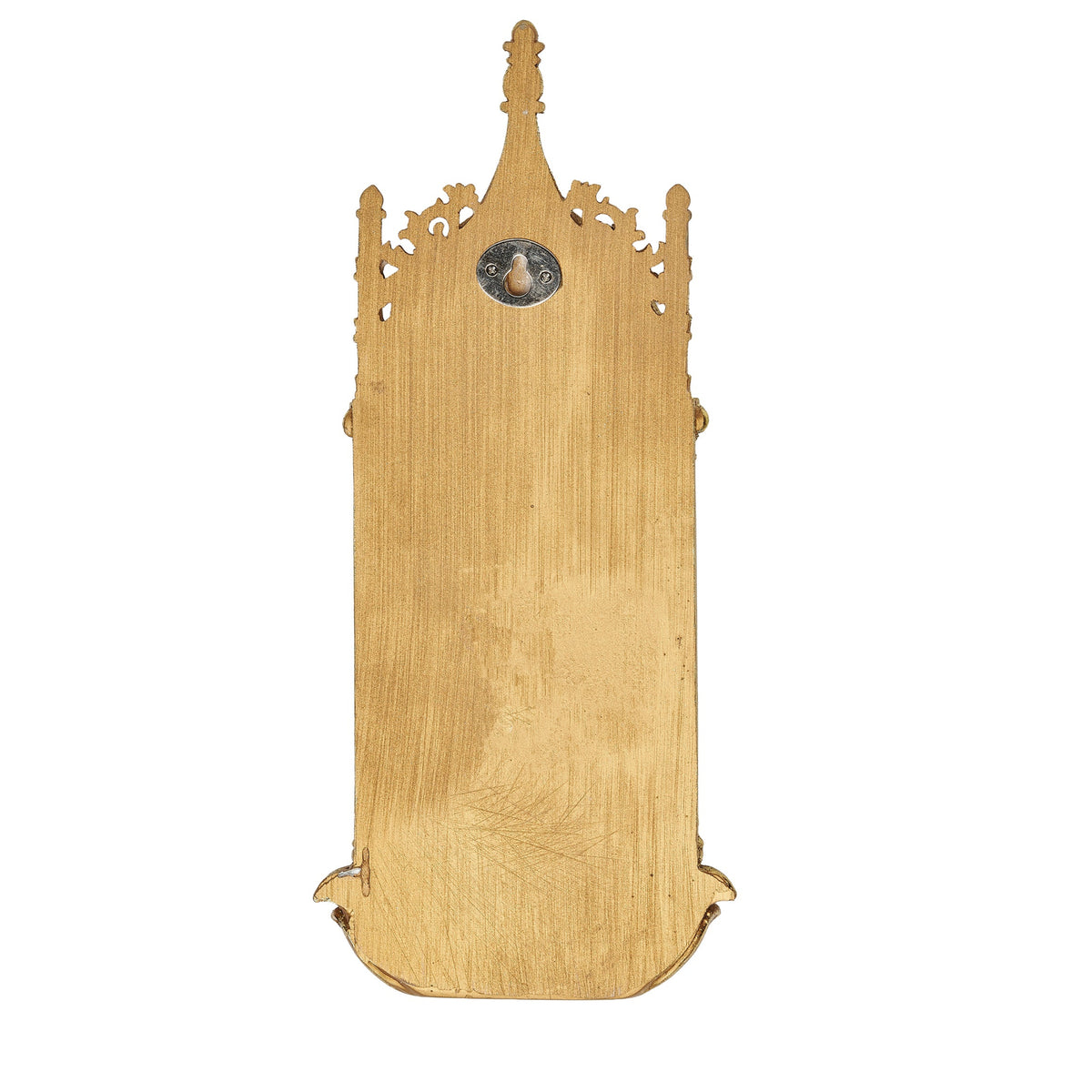 Back view of Our Lady of Guadalupe Water Font showing the gold-tone backing and wall-mounting detail