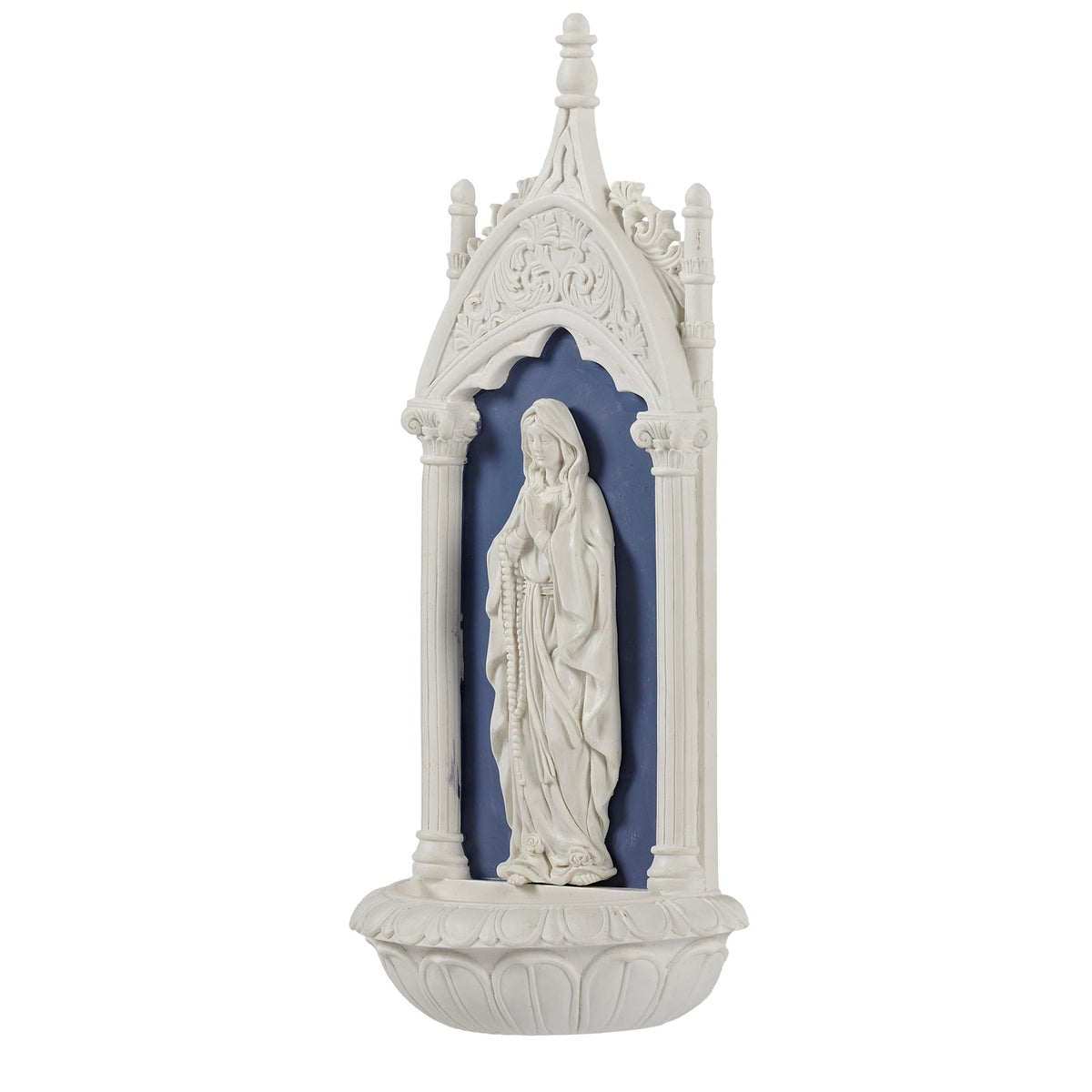 Front angled view of Our Lady of Lourdes Holy Water Font showing the sculpted Marian figure, blue background, ornate arch, and basin