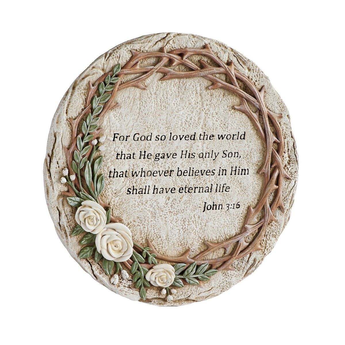 Front view of Crown of Thorns garden stone showing the scripture surrounded by intertwined branches and roses.