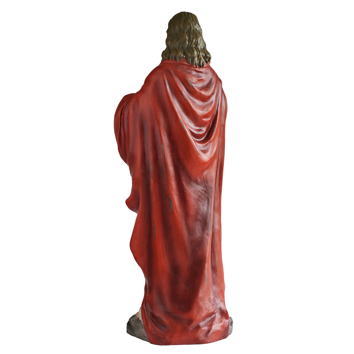 Back view of Distressed Sacred Heart of Jesus Figure showing the flowing red cloak and antique-style finish