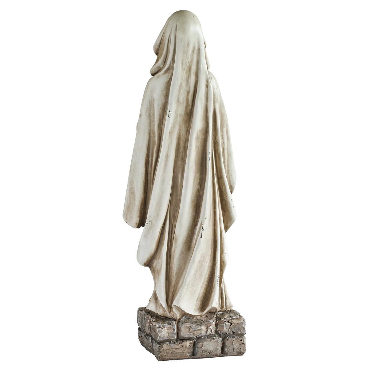 Back view of Distressed Our Lady of Lourdes Figure showing the draped mantle and distressed antique-style finish