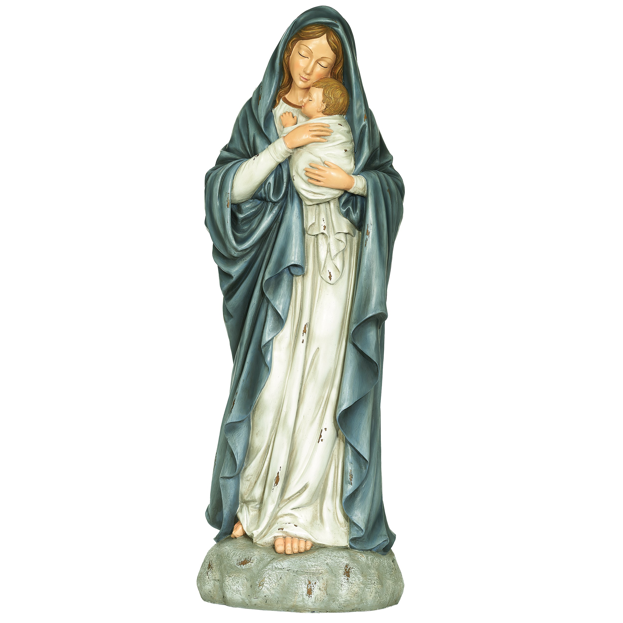 Statue of a woman holding a child in a blue and white robe on a white background