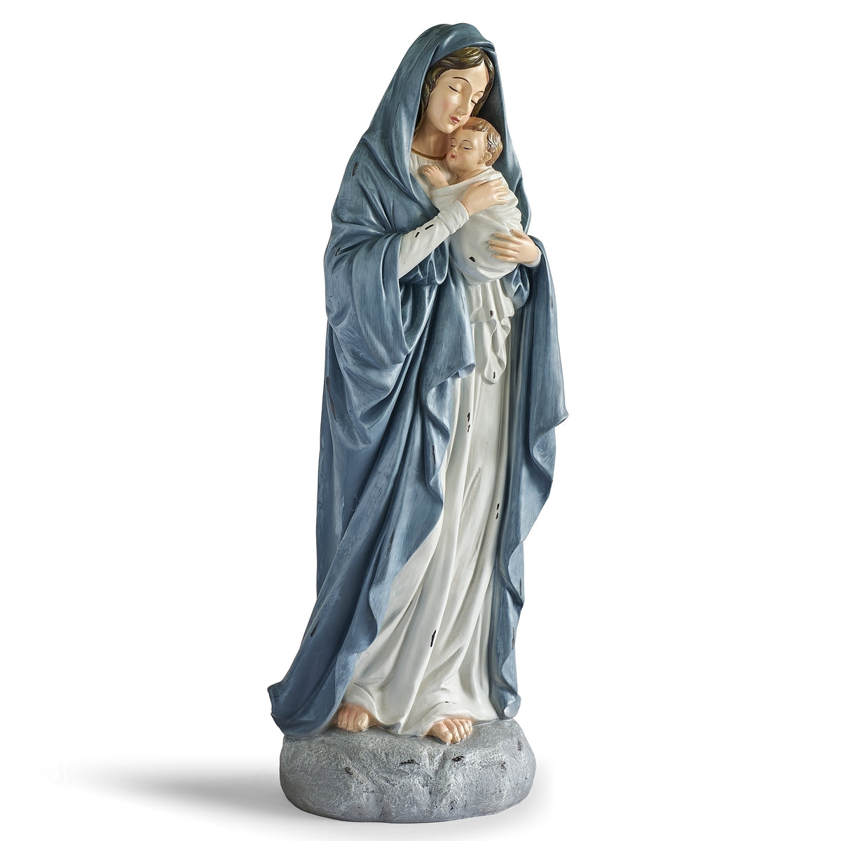 Angled view of Madonna & Child Antiqued Statue showing Mary holding the Christ Child and flowing robes