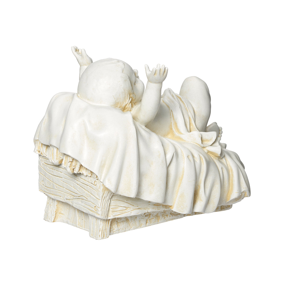 Opposite rear angled view of Joseph's Studio Ivory Baby Jesus Garden Statue showing the sculpted manger, layered blanket, and raised hands