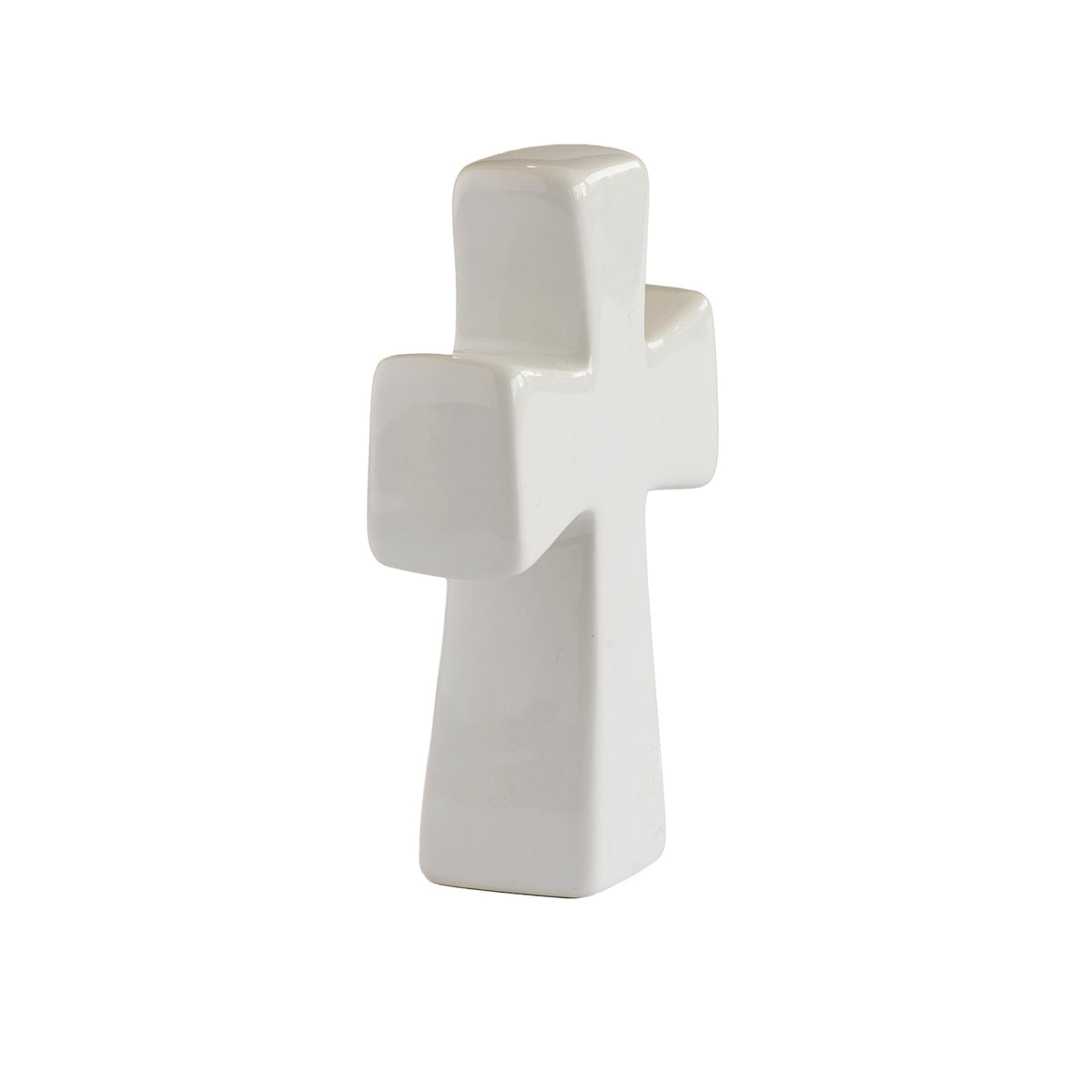 Confirmed in Christ white ceramic Confirmation tabletop cross side view showing freestanding design and thickness