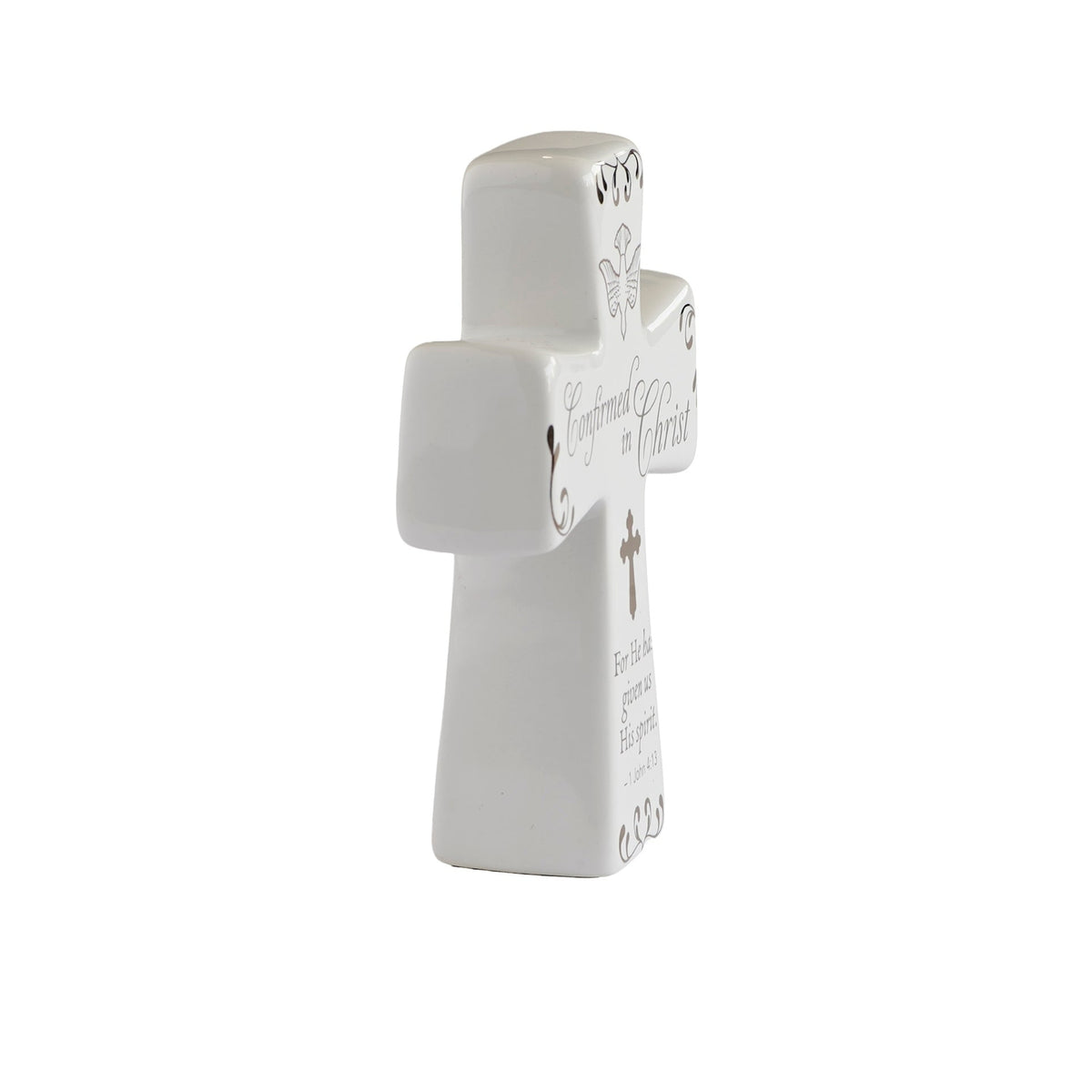 Confirmed in Christ white ceramic tabletop cross angled side view showing sculpted shape and freestanding base