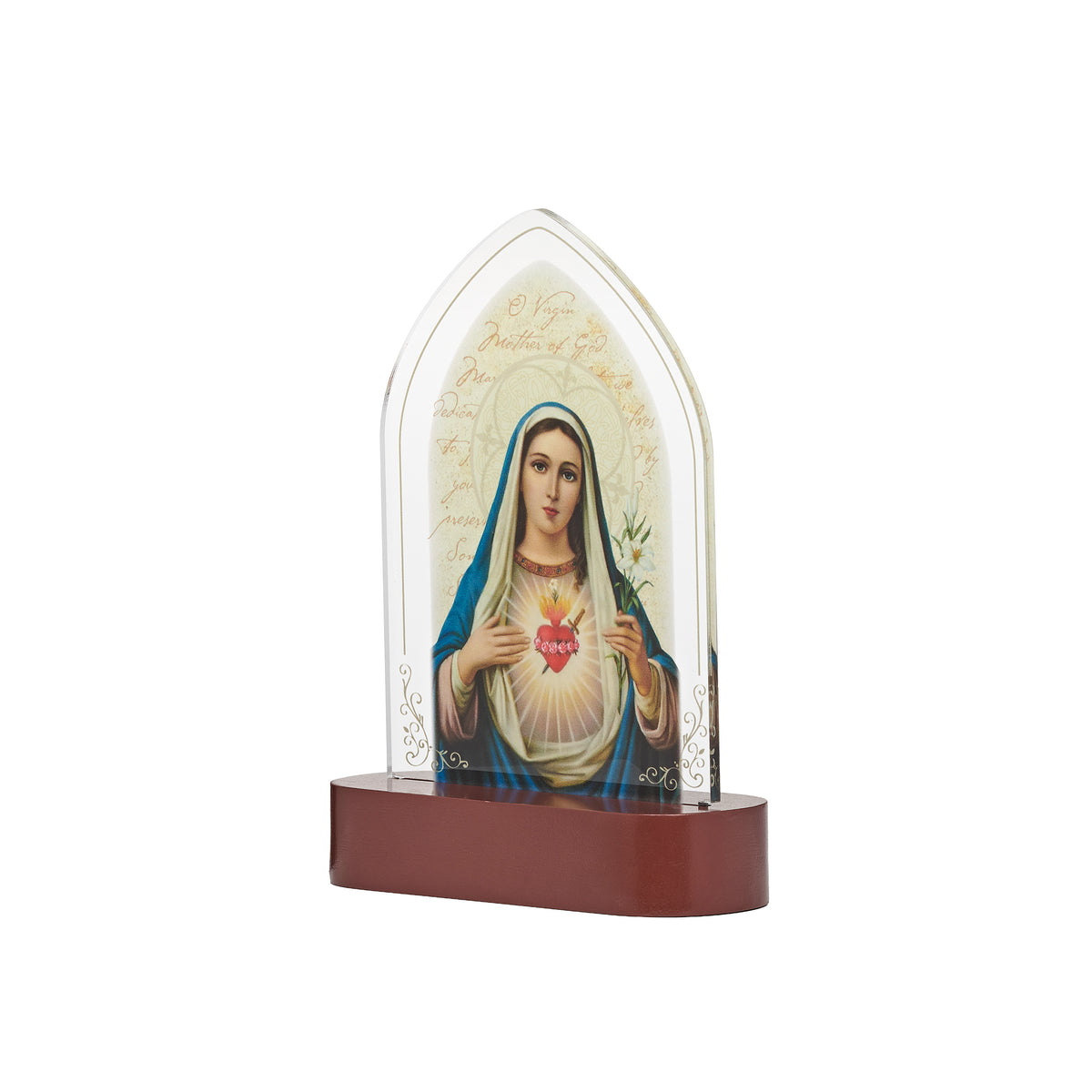 Front angled view of Immaculate Heart of Mary Lighted Tabletop Plaque showing the arched acrylic design and wood-tone base