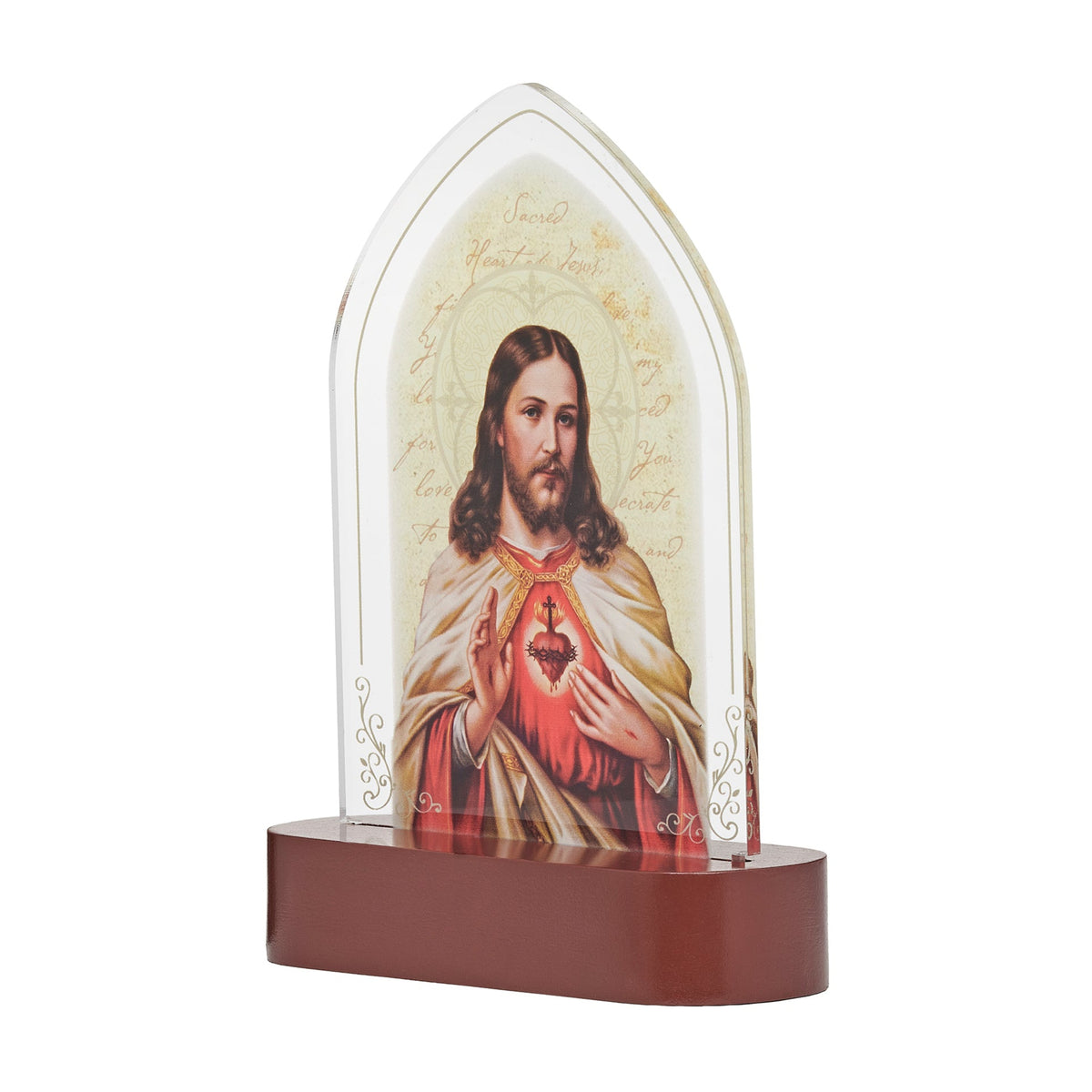 Front angled view of Sacred Heart of Jesus Lighted Tabletop Plaque showing the religious image, arched acrylic design, and tabletop base