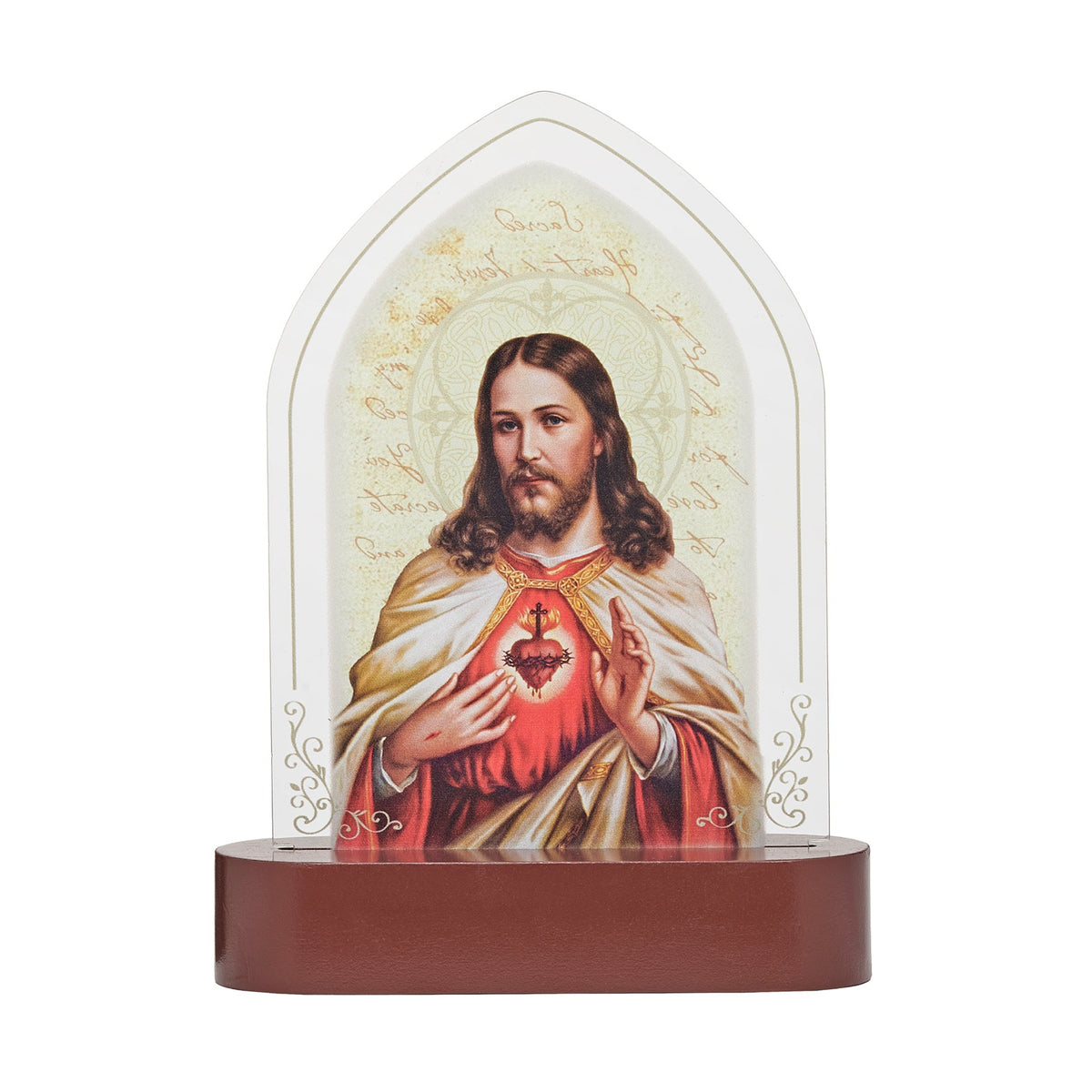 Front view of Sacred Heart of Jesus Lighted Tabletop Plaque featuring Jesus with the Sacred Heart and wood-tone base
