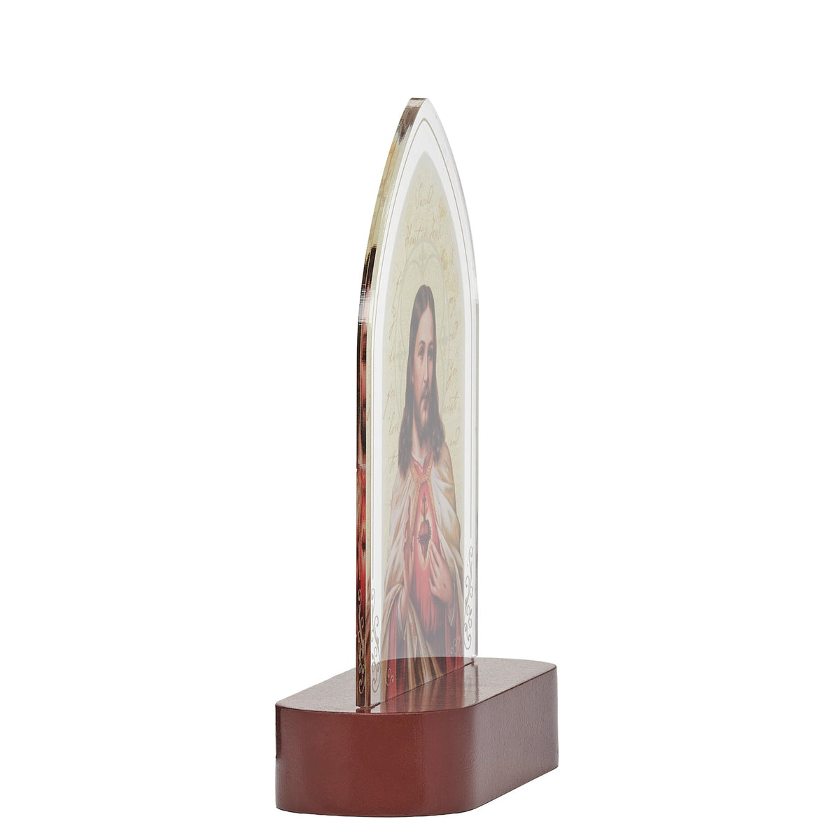 Side view of Sacred Heart of Jesus Lighted Tabletop Plaque showing the slim acrylic panel and tabletop base