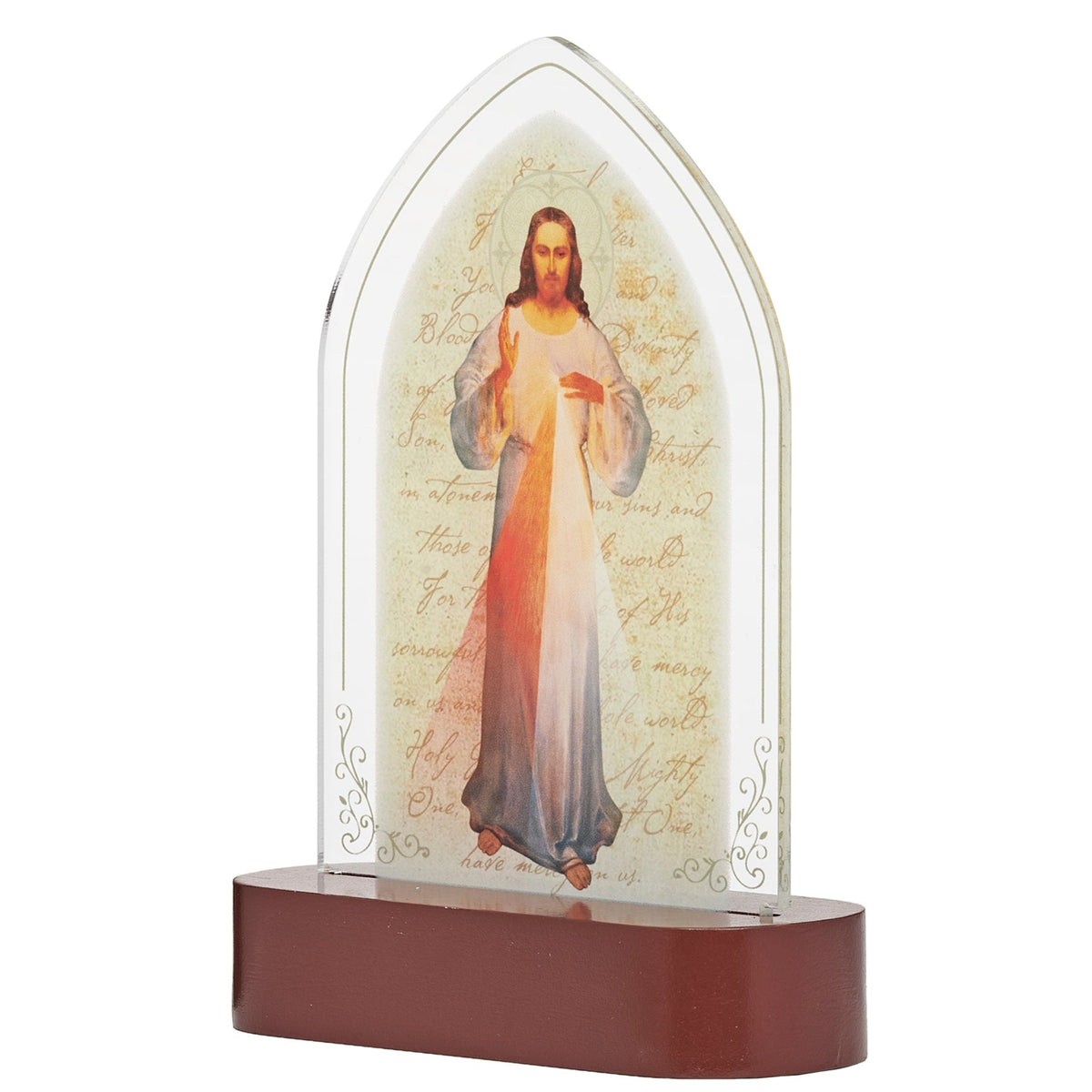 Front angled view of Divine Mercy Lighted Tabletop Plaque showing the religious image, acrylic arch, and tabletop base