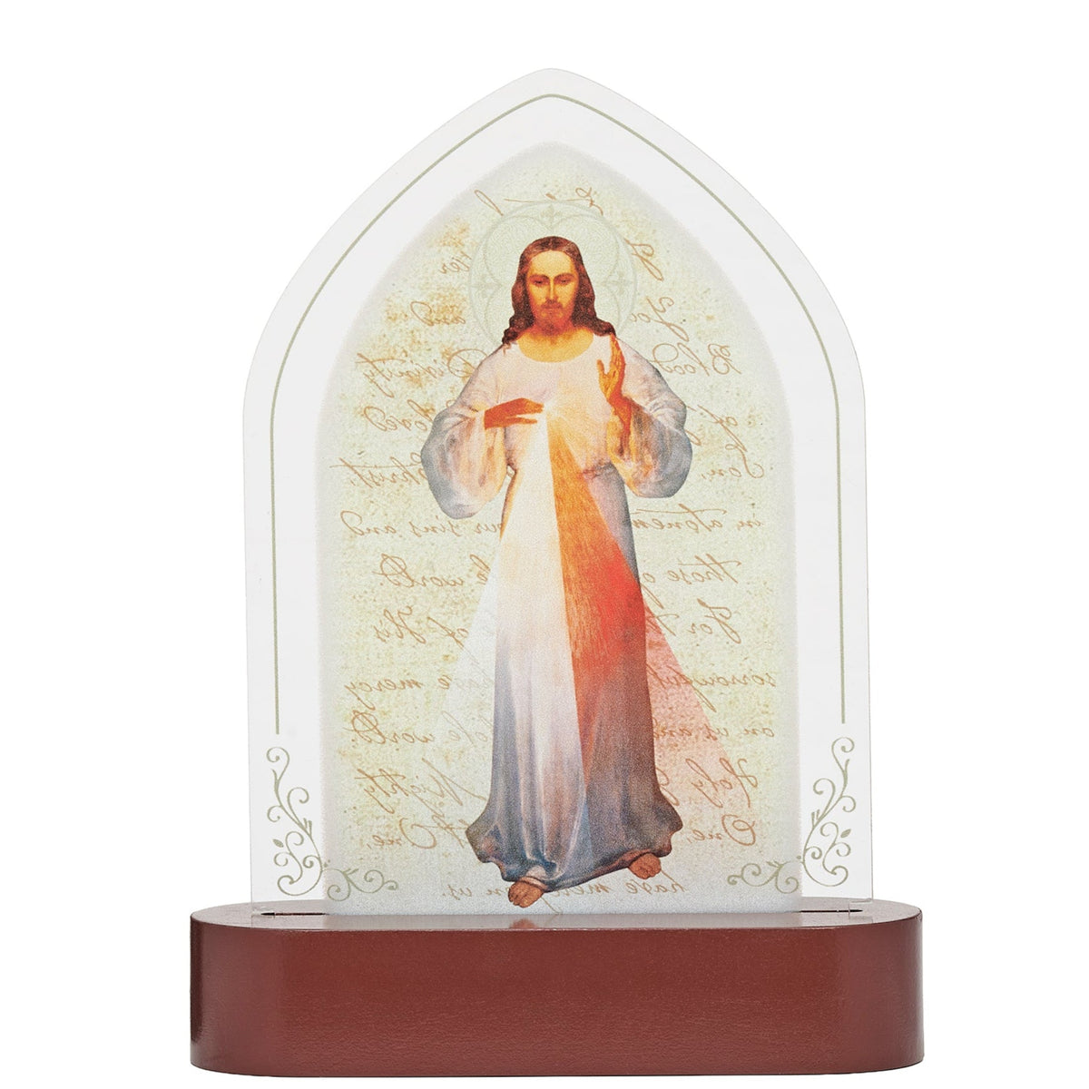Front view of Divine Mercy Lighted Tabletop Plaque featuring Jesus with the Divine Mercy rays and wood-tone base