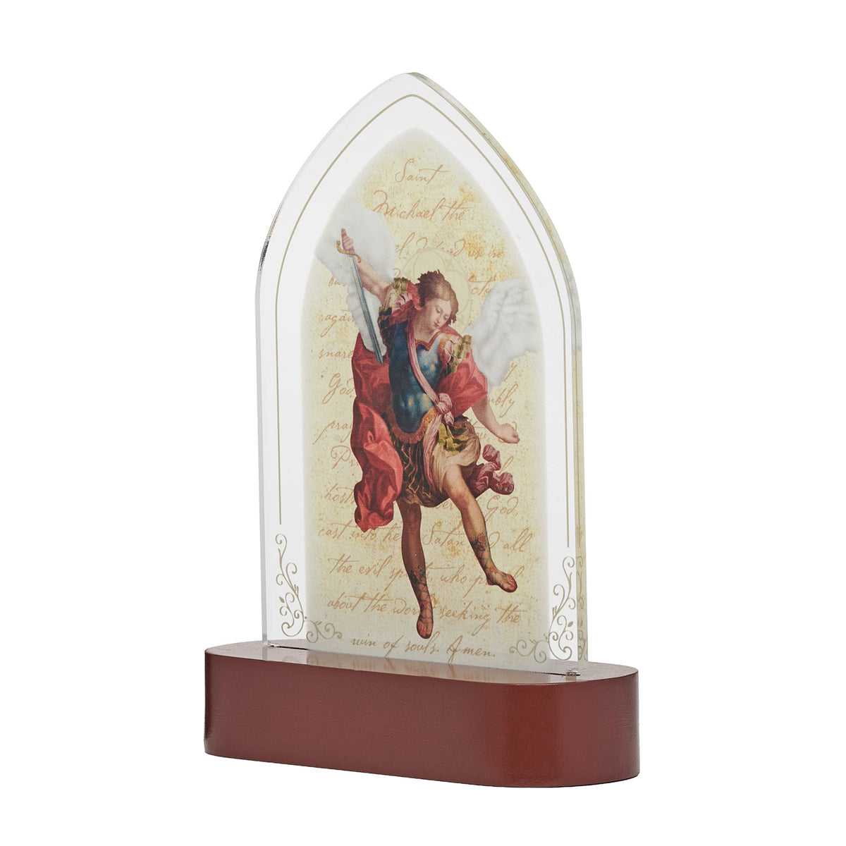 Front angled view of St. Michael Lighted Tabletop Plaque showing the archangel image, acrylic arch, and tabletop base