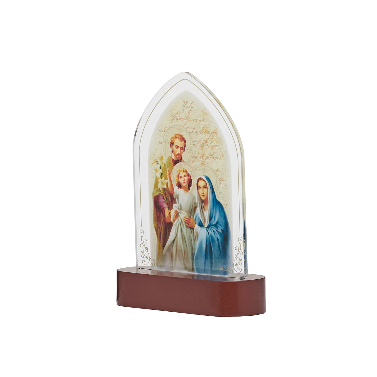 Front angled view of Holy Family Lighted Tabletop Plaque showing Mary, Joseph, and Jesus within the arched acrylic design