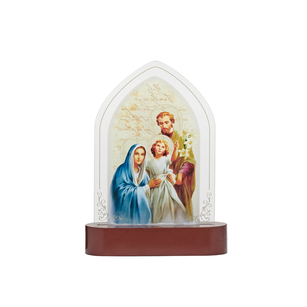 Front view of Holy Family Lighted Tabletop Plaque featuring the Holy Family image and wood-tone tabletop base