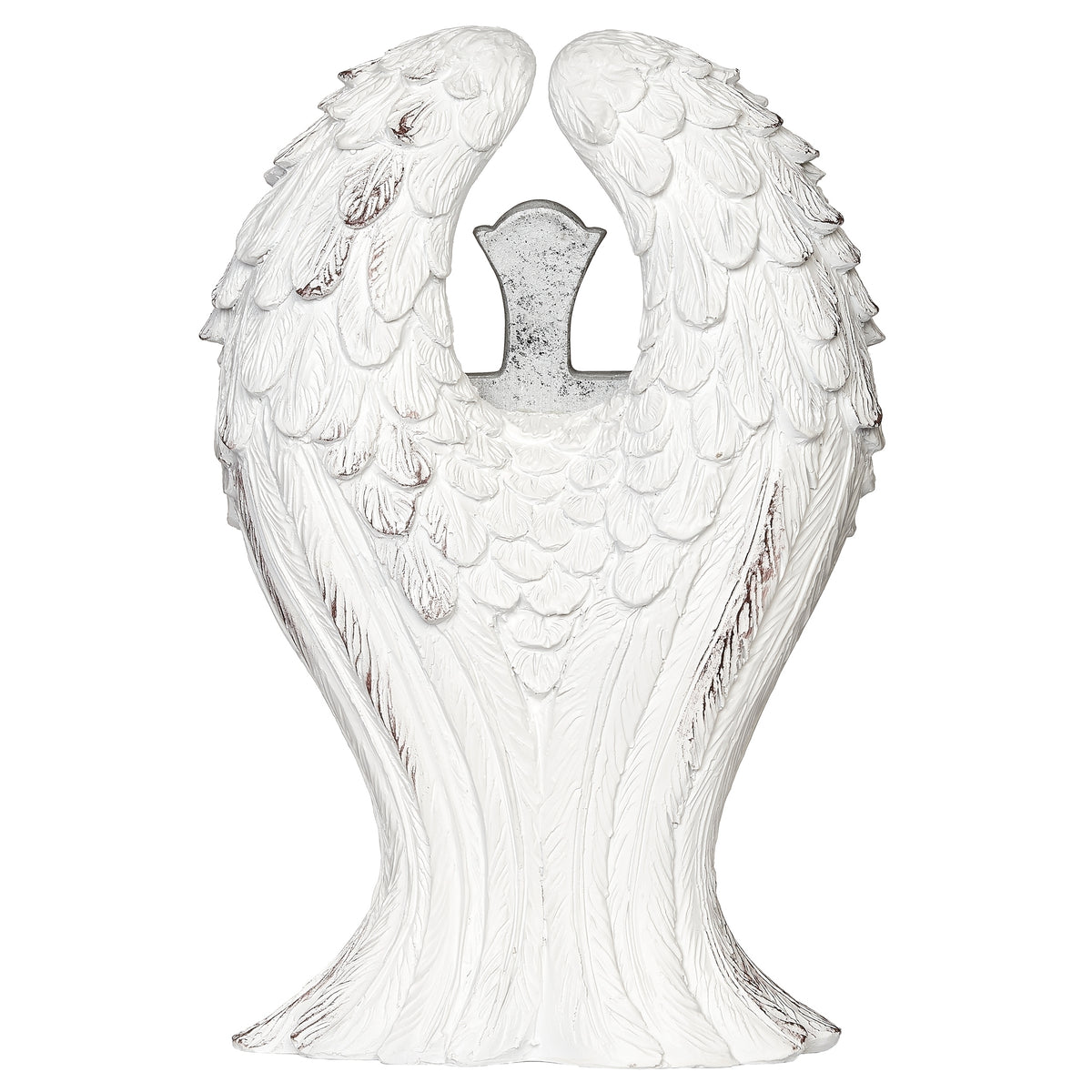 Back view of silver tabletop cross with sculpted angel wings