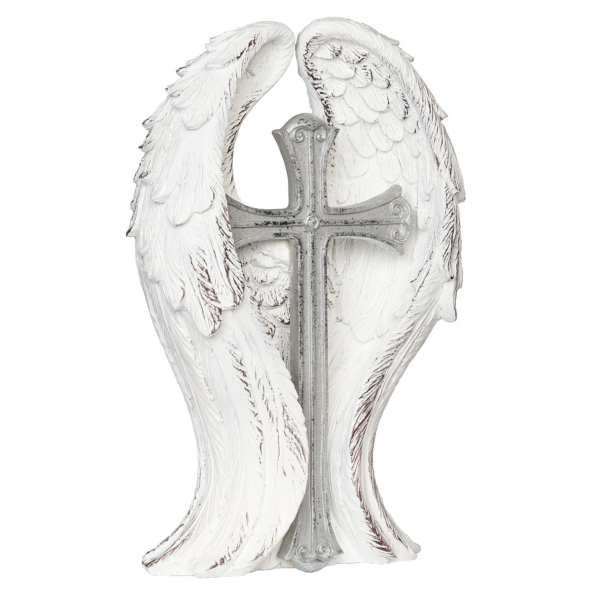 Alternate angled view of silver tabletop cross nestled between angel wings