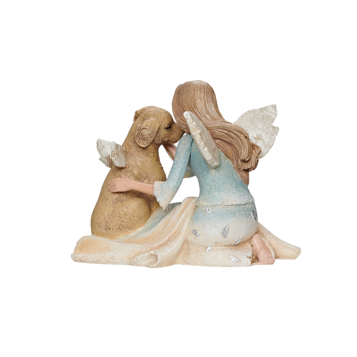 Side view of Karen Hahn Angel with Dog figure showing the angel embracing the seated dog