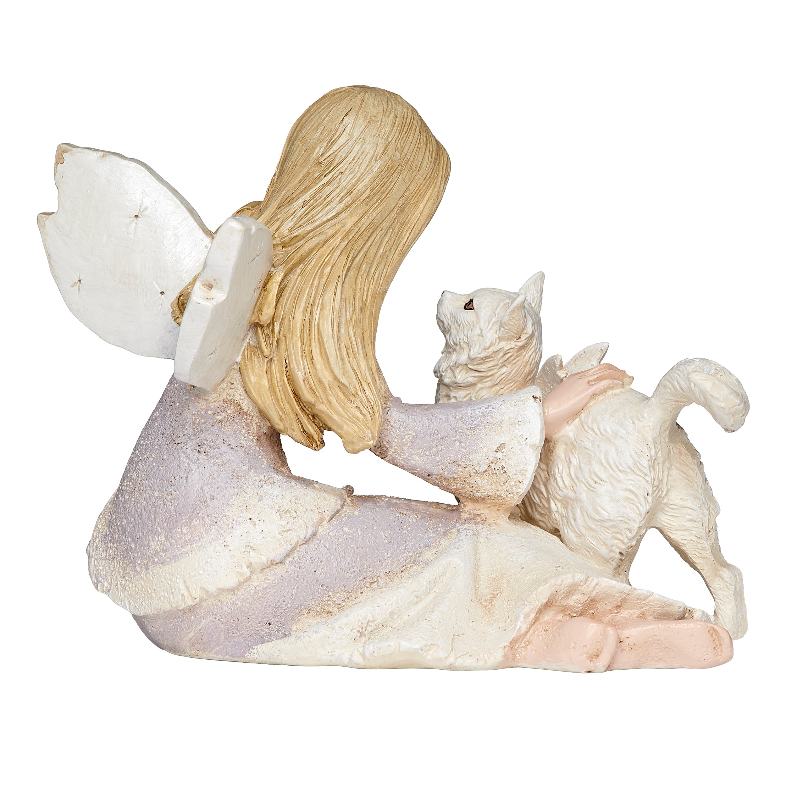 Decorative figurine of an angel with a cat on a white background