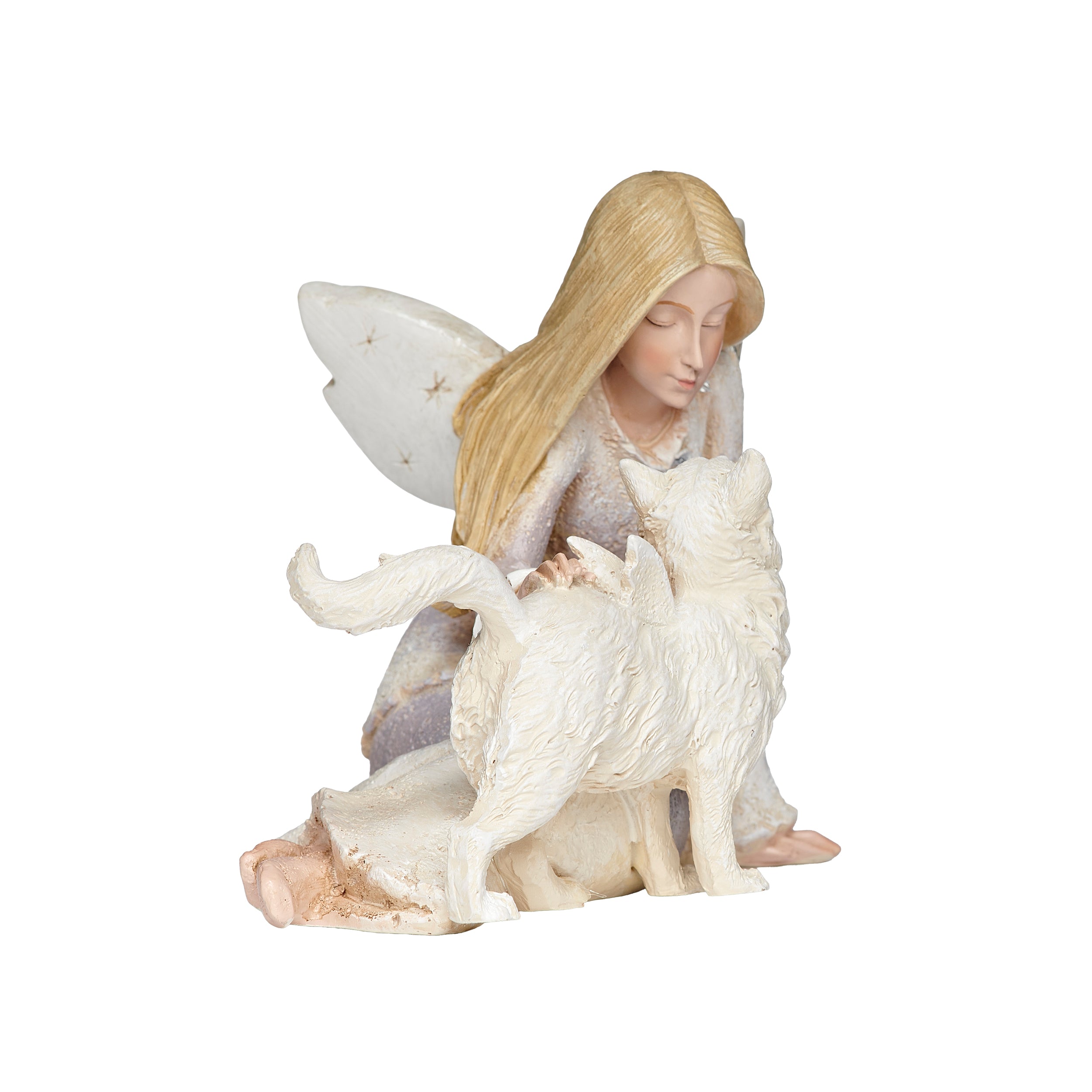 Decorative figurine of an angel with a cat on a white background