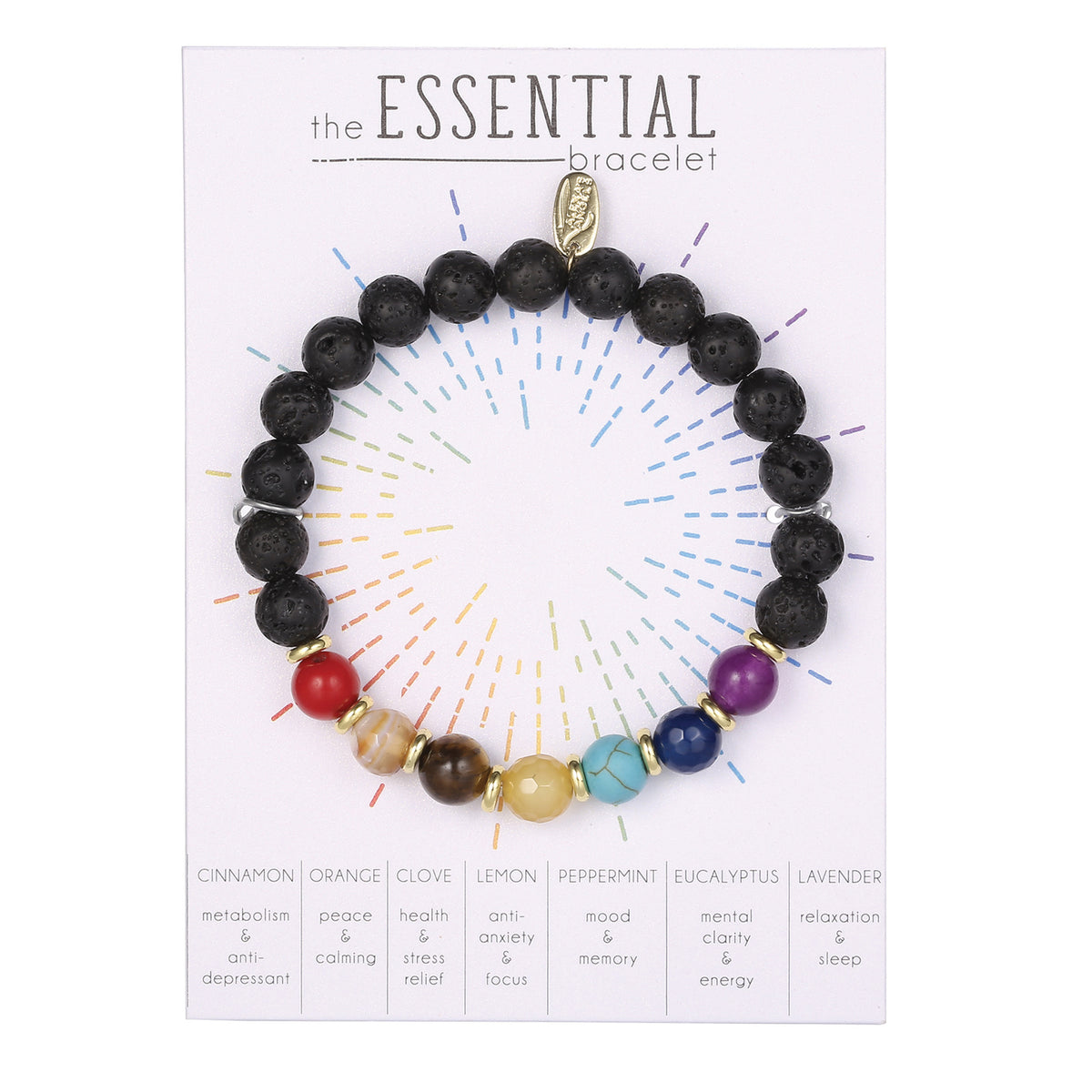 A multicolor essential beads bracelet displayed on its white backing card. The bracelet features black lava stone beads with gold-plated accents and eight colorful gemstone beads representing the chakras, from red to lavender.