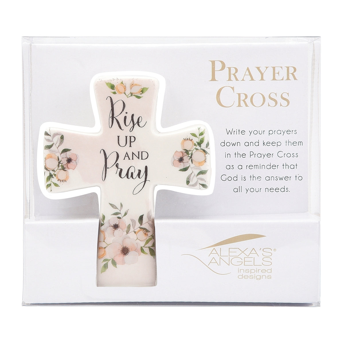 Alexa’s Angels floral “Rise Up and Pray” cross in a gift box labeled “Prayer Cross,” with an accompanying message.