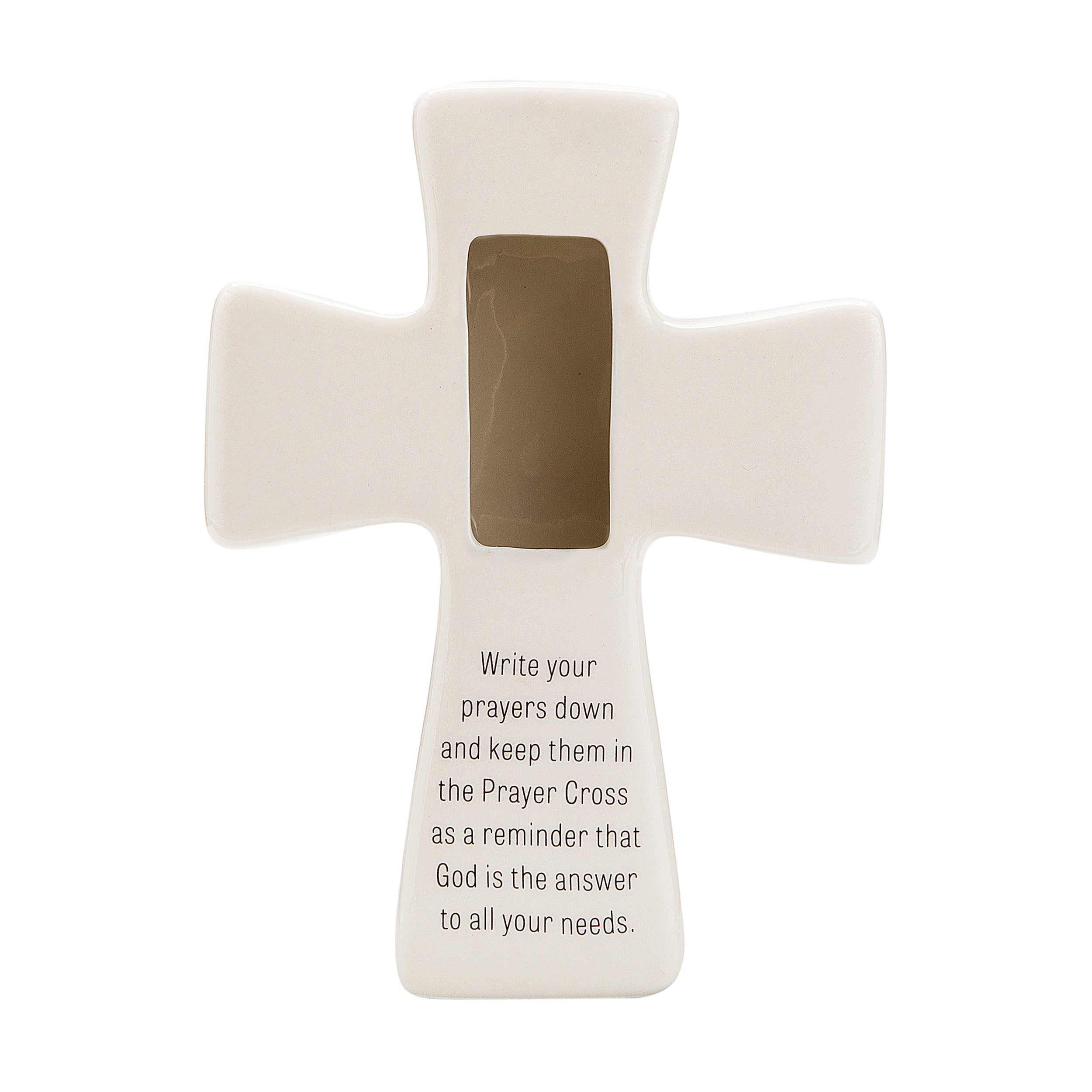 White cross-shaped object with text on a white background