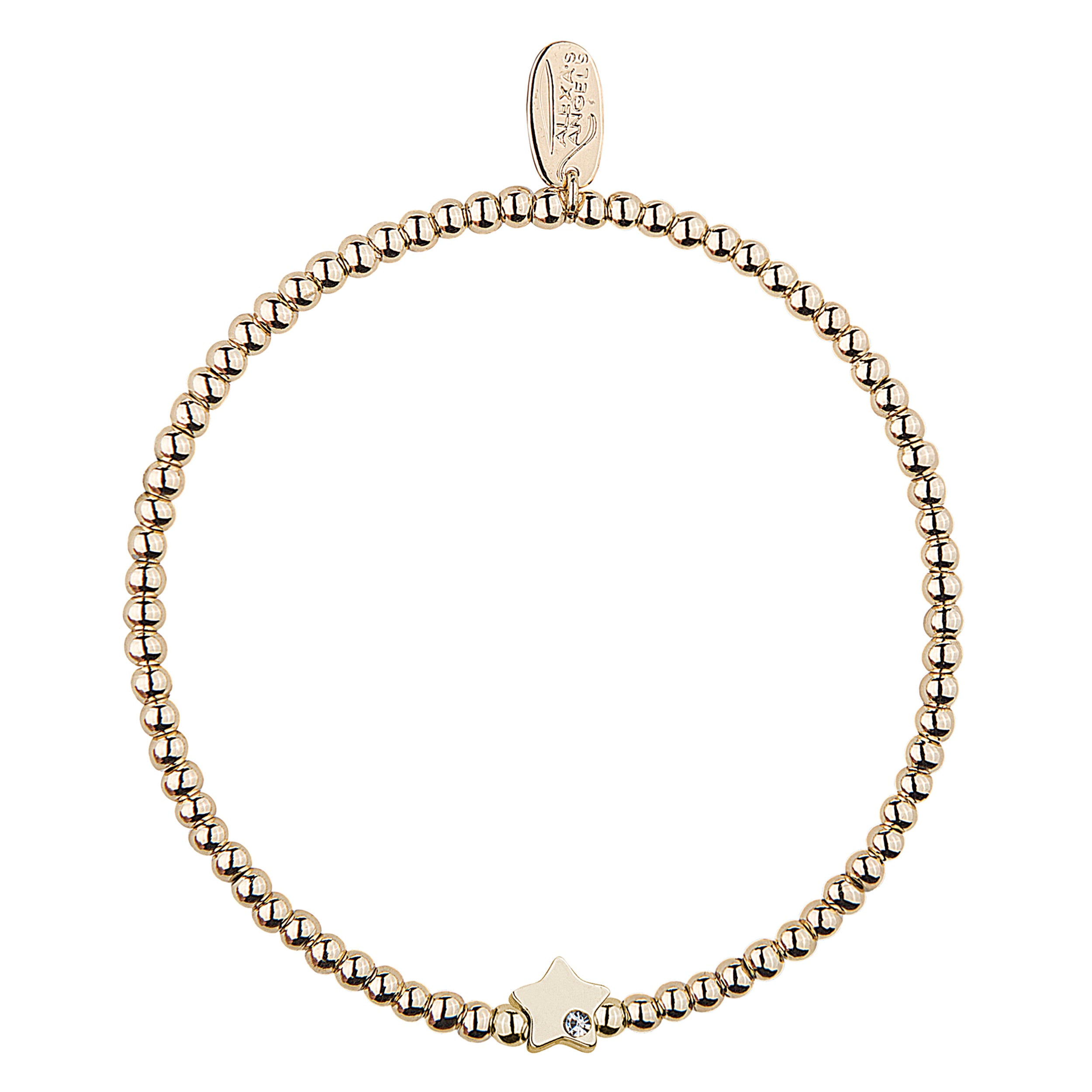 Gold beaded bracelet with a star charm on a white background