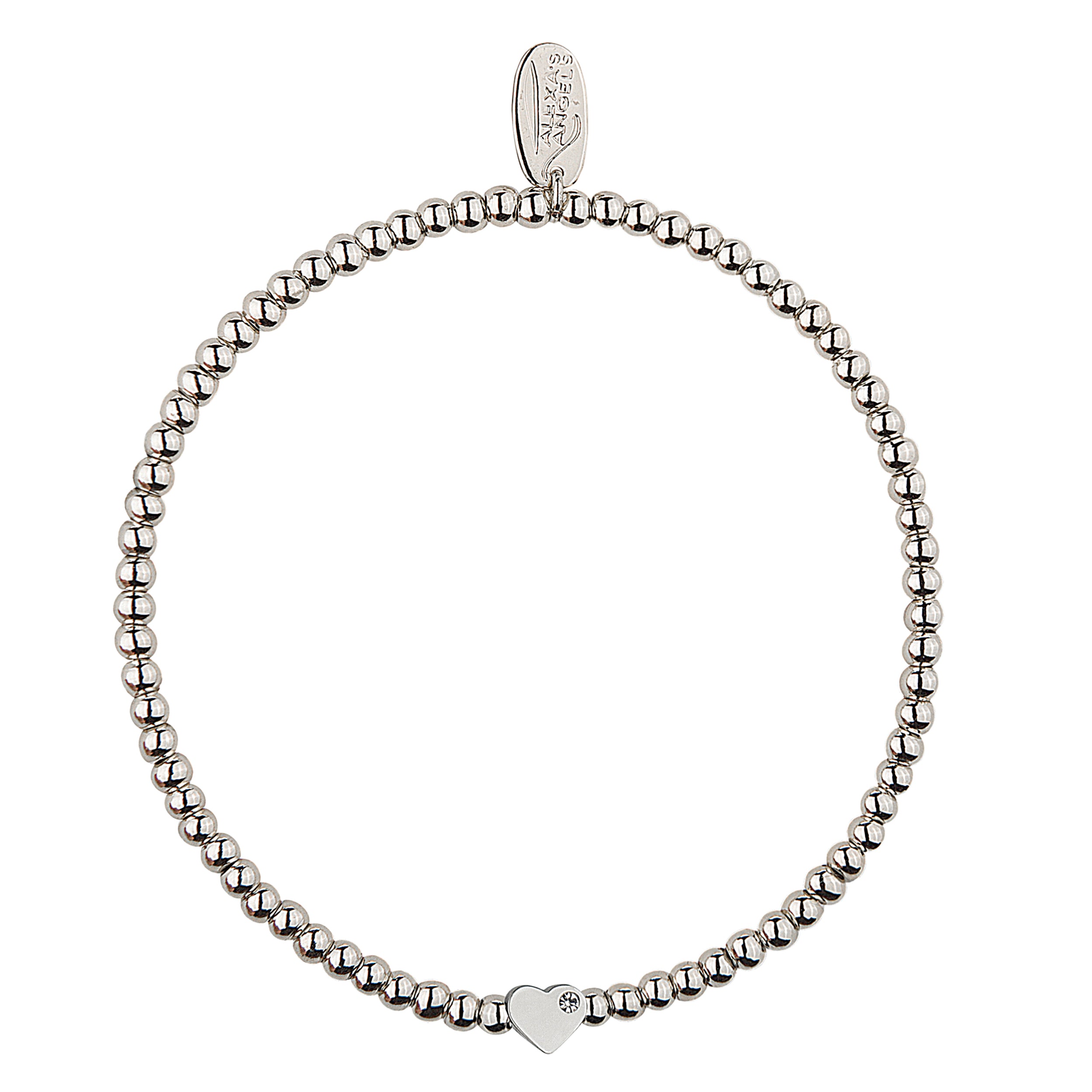 Silver beaded bracelet with a heart charm on a white background
