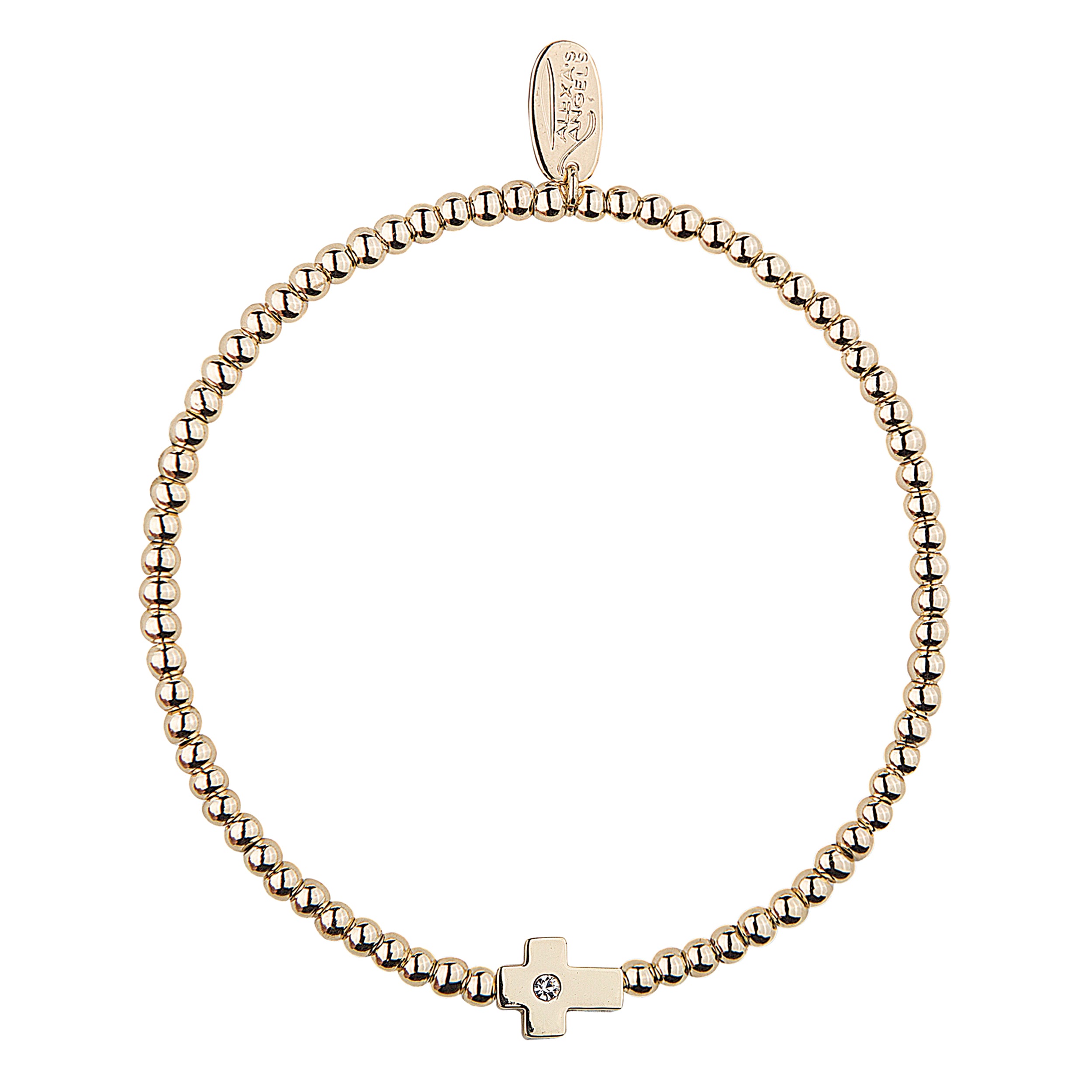 Gold beaded bracelet with a small cross charm on a white background