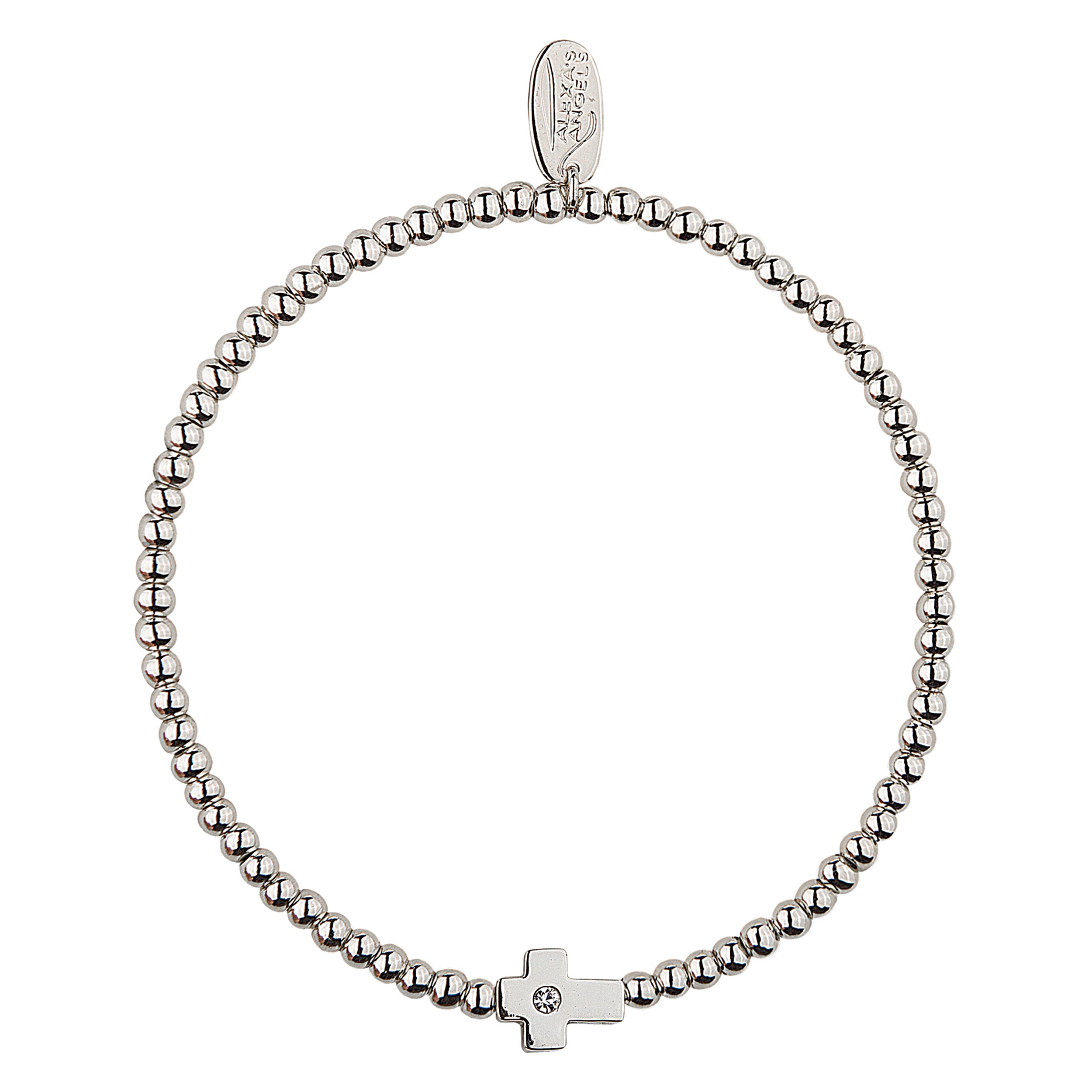 Silver beaded bracelet with a small silver cross charm on a white background